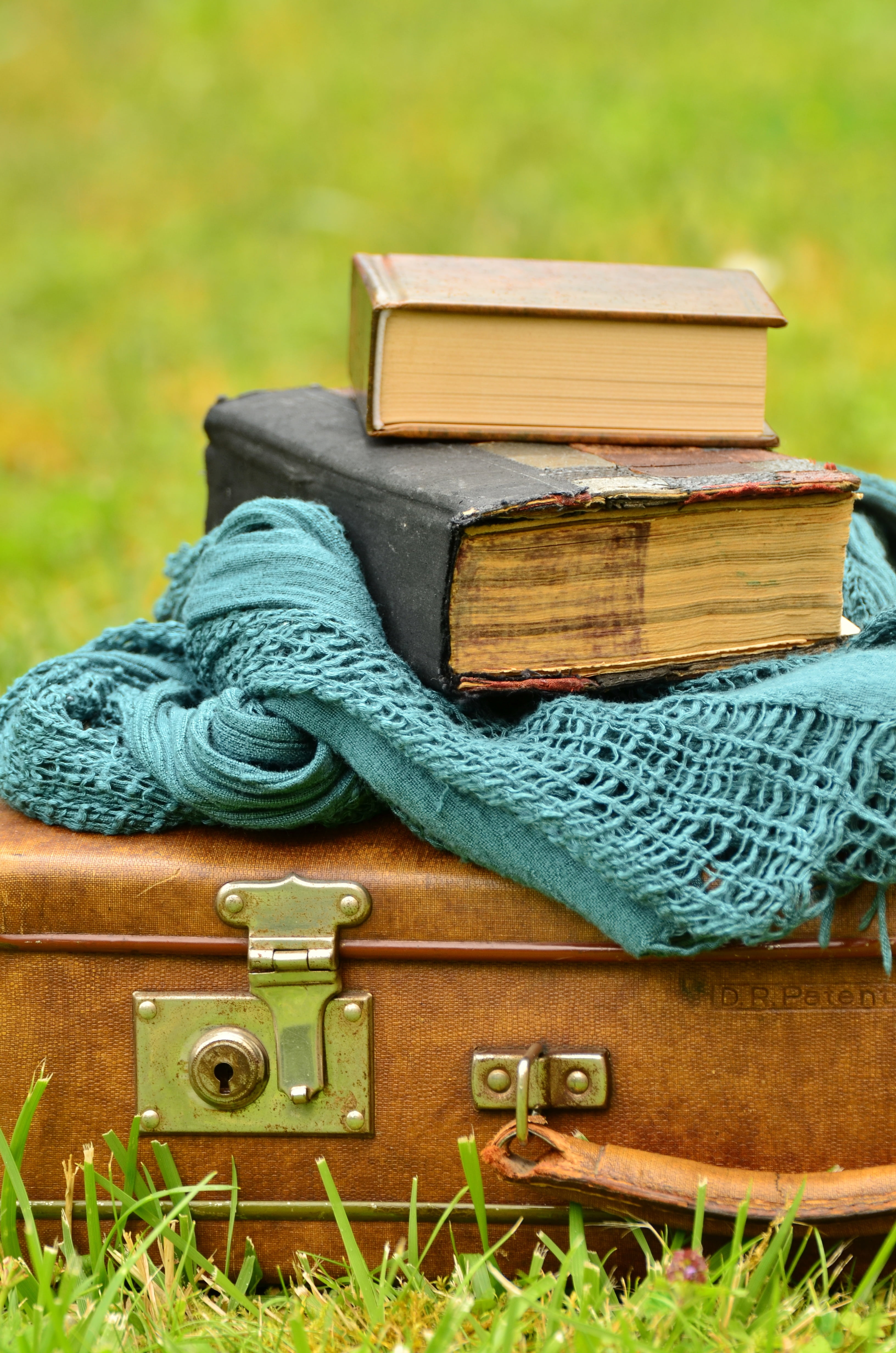 grass, books, worn, nostalgia, out, 4K, old, suitcase, close-up, green color, photography, read, old book, no people, wood - material, luggage, box, retro styled, Phone HD Wallpaper