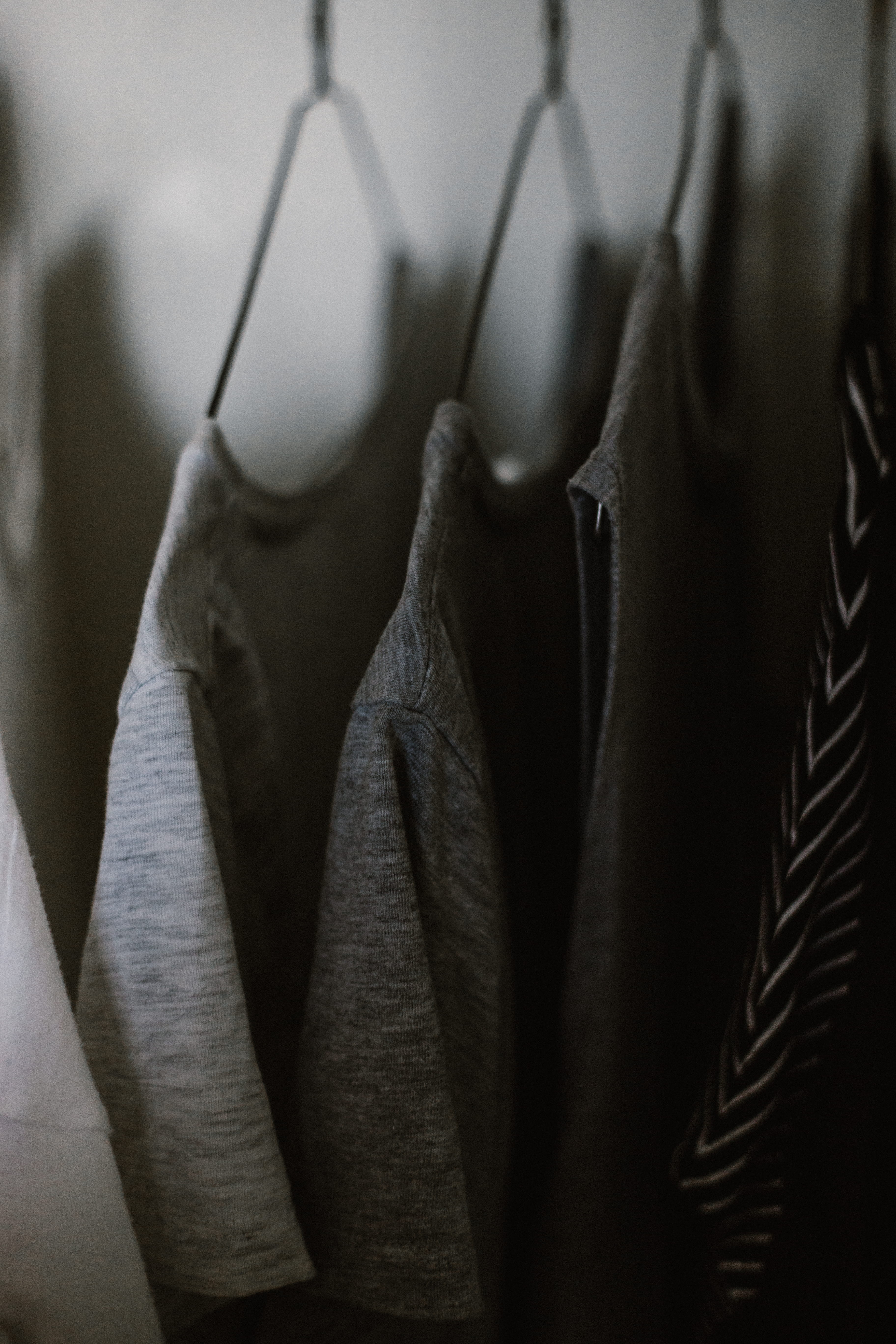 photography, white, minimal, shop, selective focus, day, home, textile, shirts, clothing, nature, 5K, three, in a row, no people, jacket, coathanger, group of objects, Phone HD Wallpaper