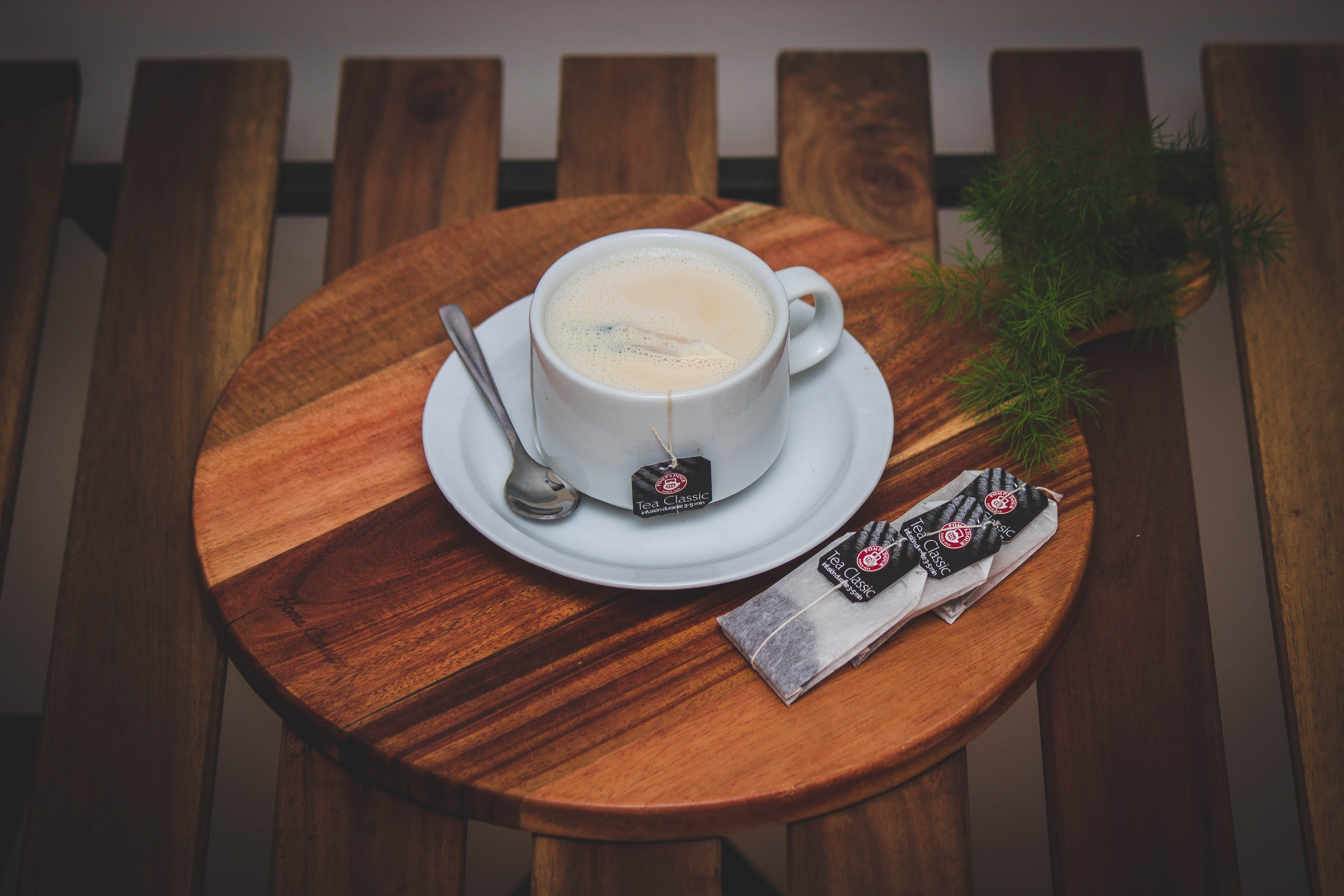 frothy drink, spoon, chair, dining table, coffee - drink, 5K, wooden, pottery, crockery, kitchen utensil, indoors, furniture, no people, drink, freshness, HD Wallpaper