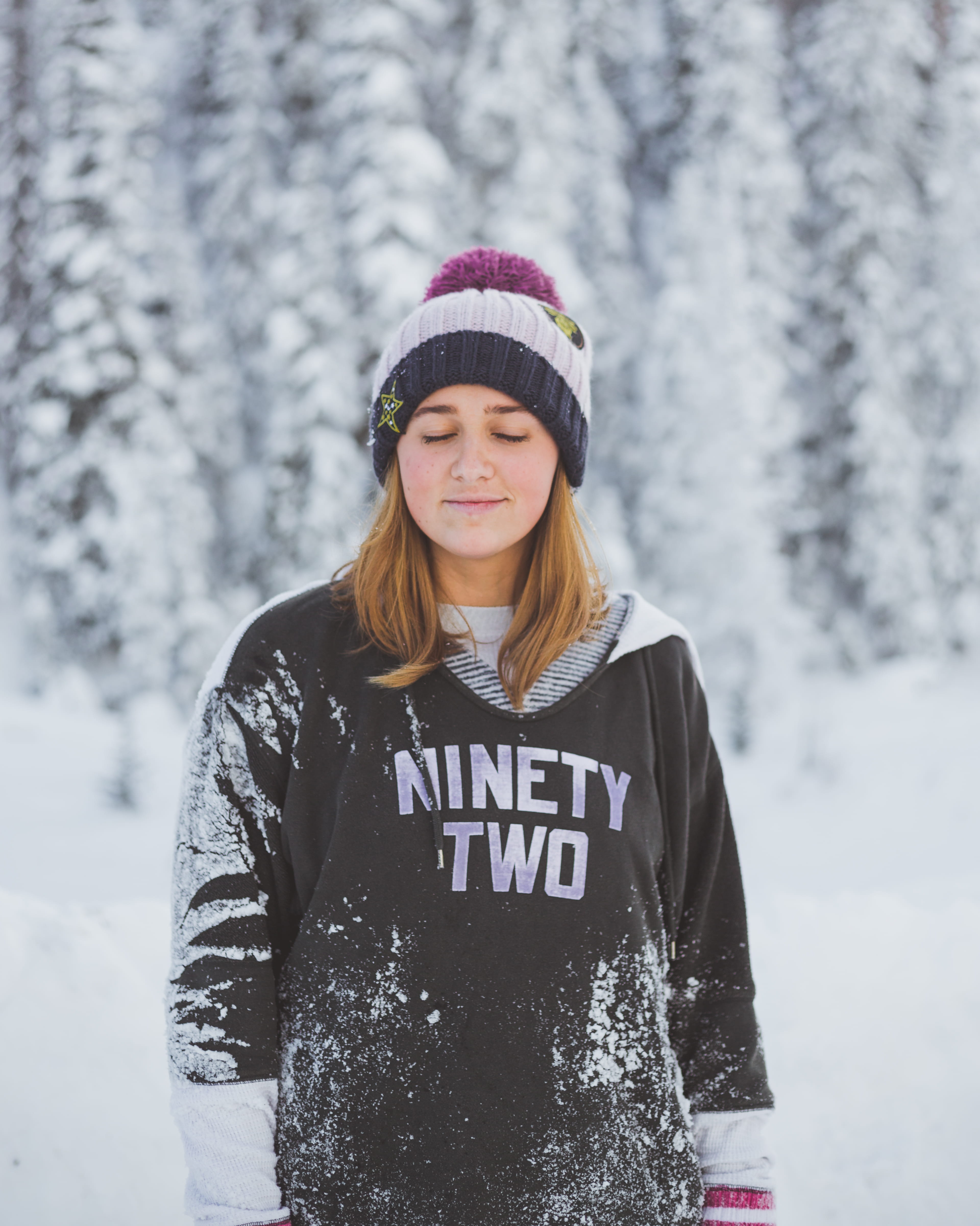 hat, sleeve, leisure activity, sweatshirt, woman, beanie, sweater, portrait, apparel, cap, long sleeve, real people, nature, front view, text, female, person, Phone HD Wallpaper