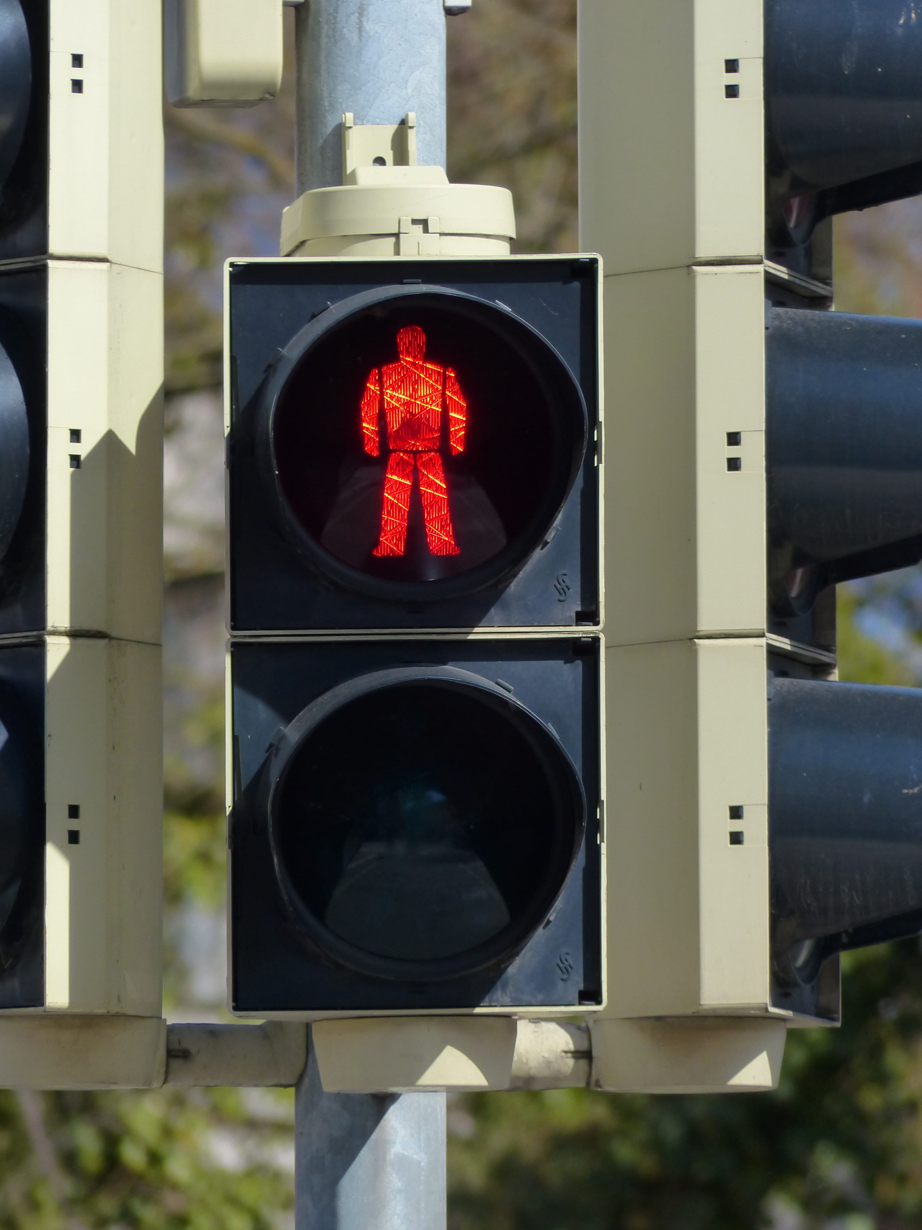 pedestrian, road, footbridge, human representation, red, road signal, day, traffic lights, little green man, city, close-up, road sign, light signal, outdoors, Phone HD Wallpaper