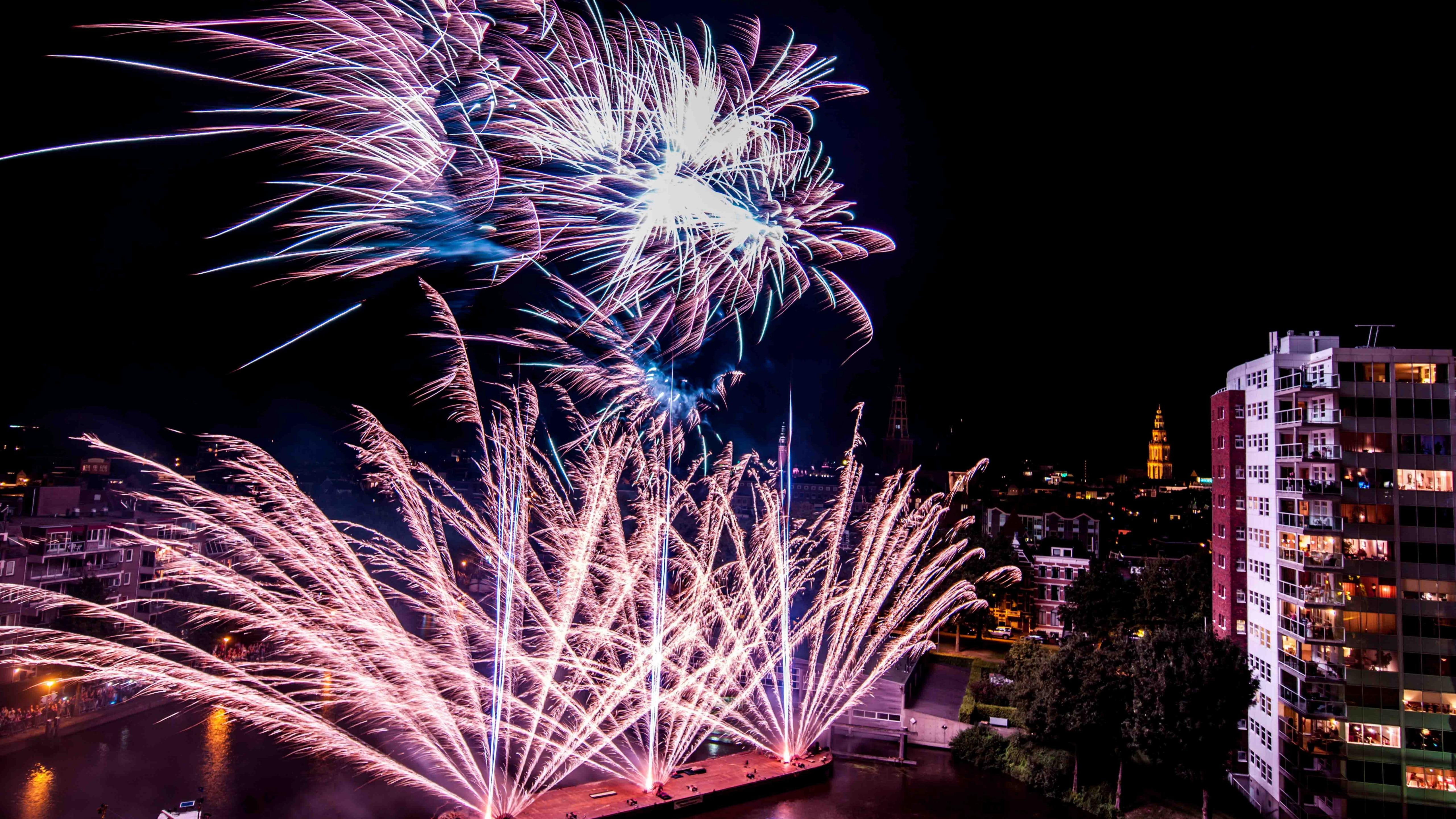 long-exposure photography, explosive material, festival, netherlands, event, night, public event, fireworks, pyrotechnics, 5K, groningen, ship, europe, HD Wallpaper