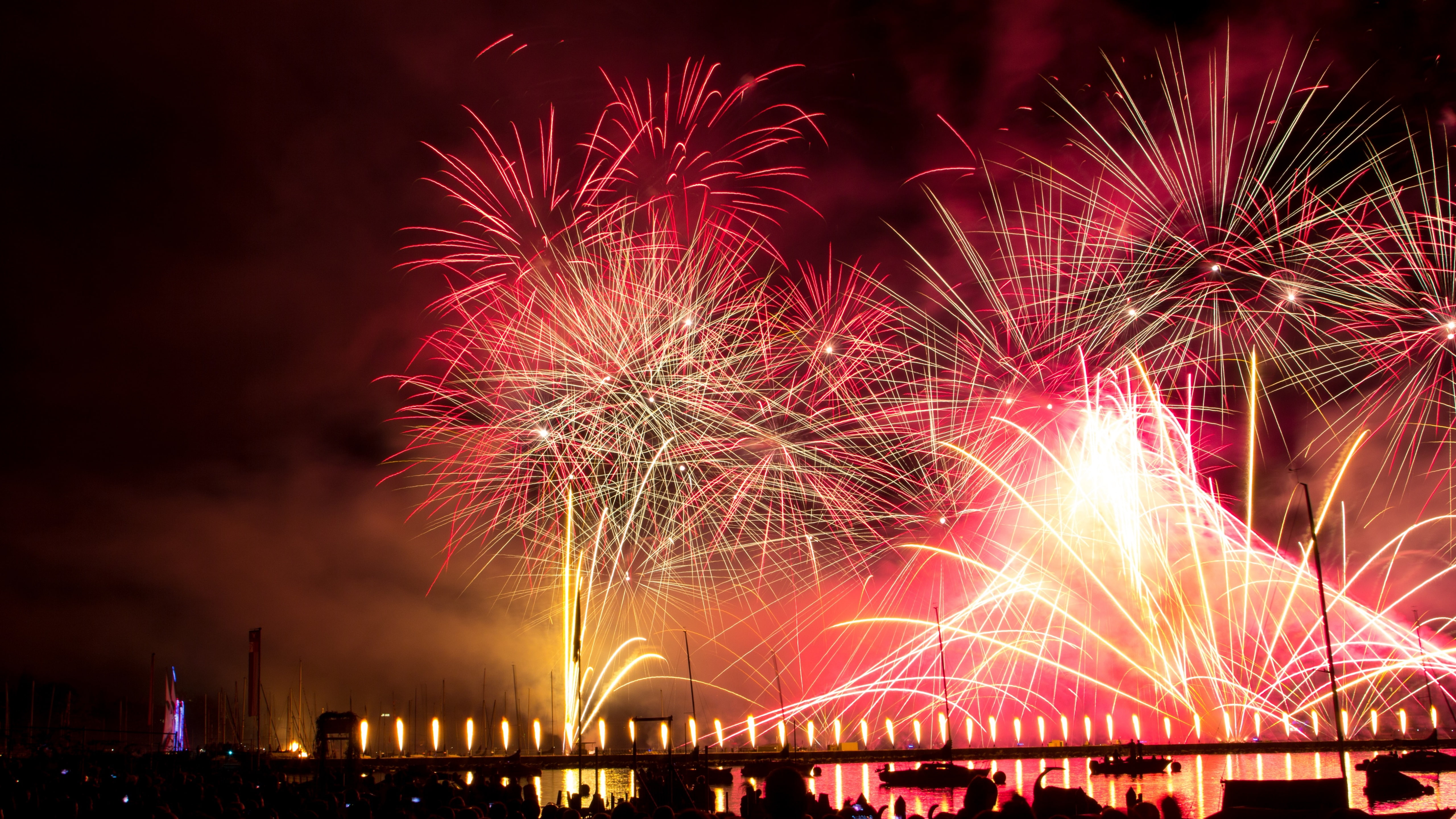 explosive material, night, holiday, event, new year, long-exposure photography, public event, fireworks, celebration, midnight, reflection, pyrotechnics, HD Wallpaper