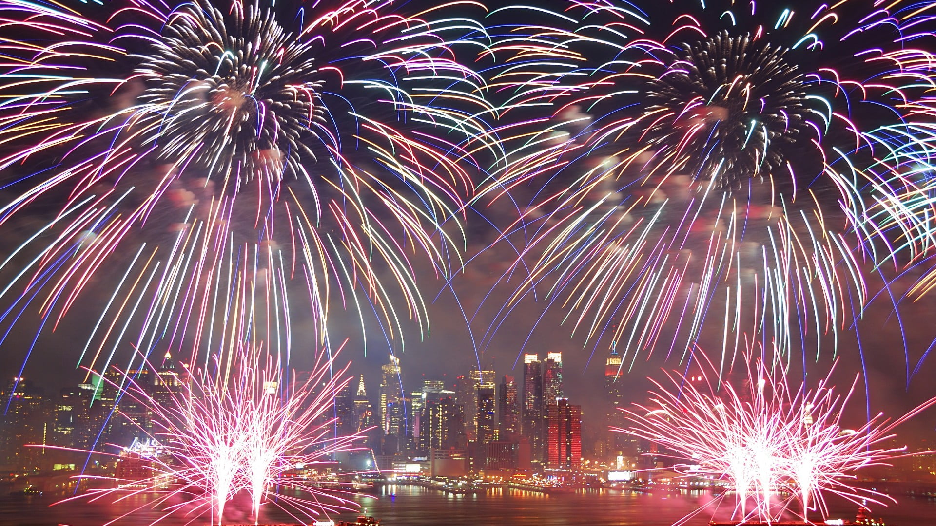 light, motion, event, exploding, united states, 1080P, celebration, firework, skyscraper, new york, multi colored, firework - man made object, bright, HD Wallpaper