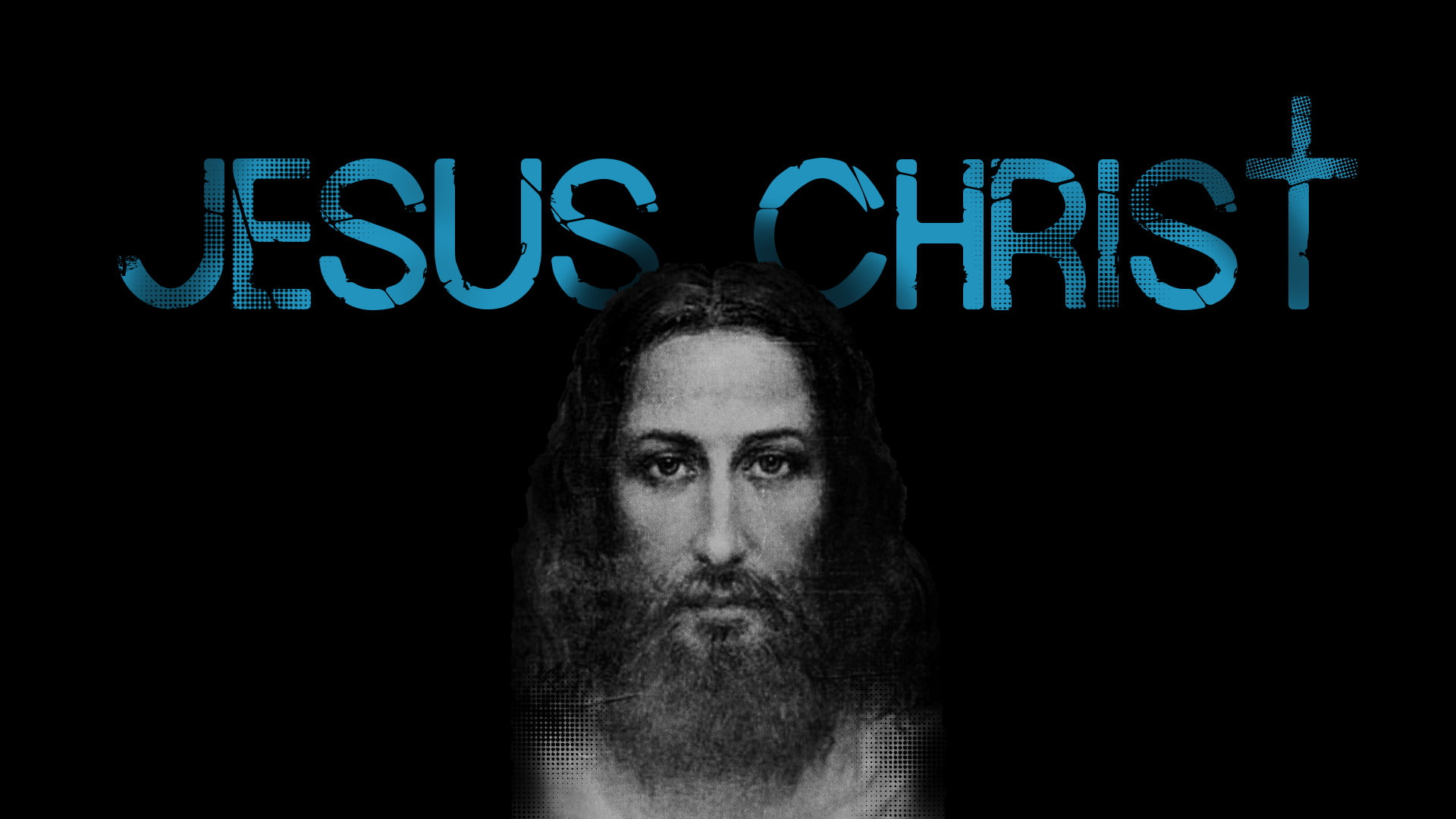 Jesus Christ, text, western script, looking at camera, contemplation, headshot, cross, face, religious, black background, real people, 1080P, mid adult men, HD Wallpaper