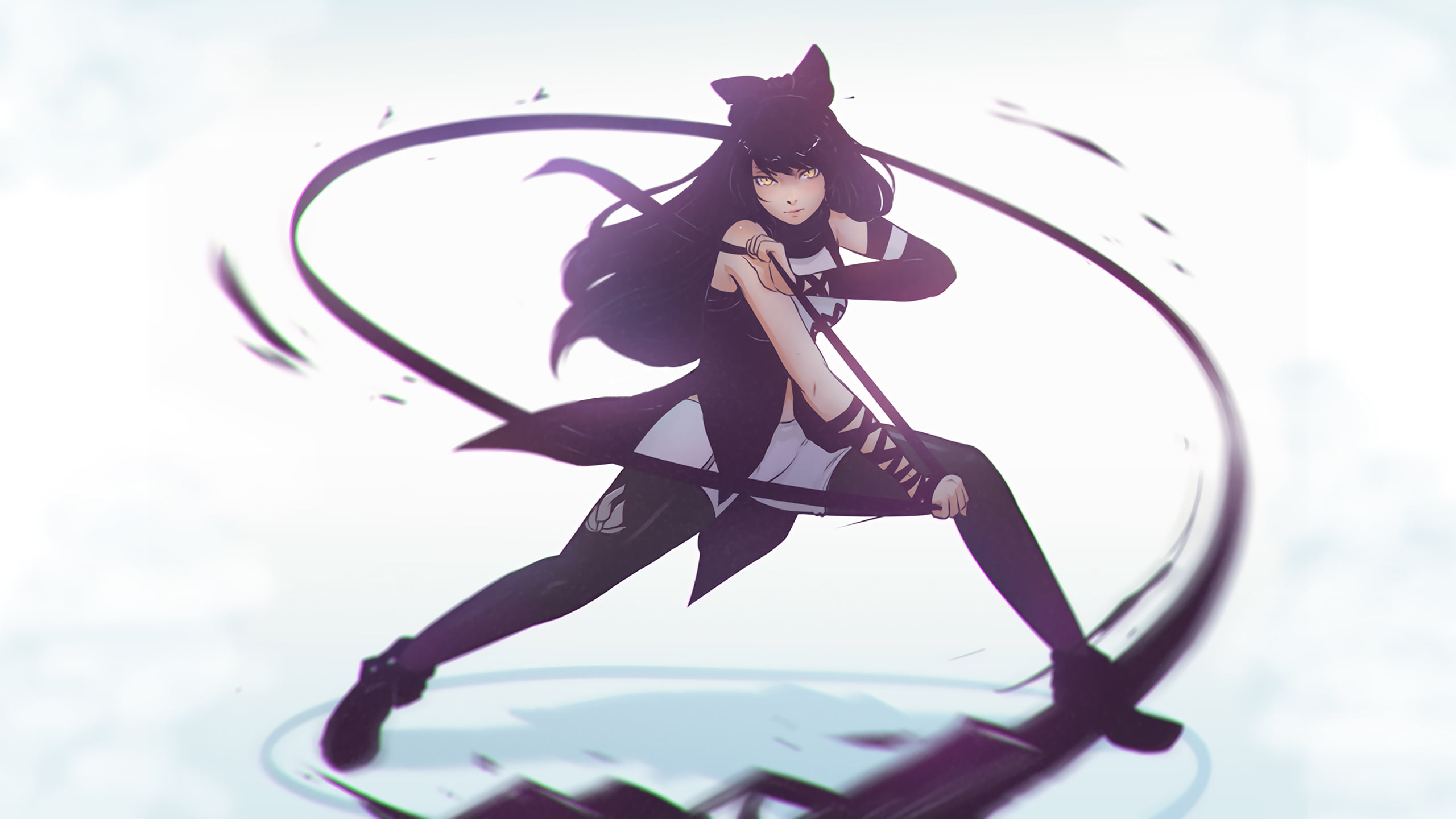 anime, anime girls, petals, scythe, long hair, yellow eyes, tie, digital art, RWBY, black hair, Gambol Shroud., artwork, Blake Belladonna, fan art, 2K, HD Wallpaper