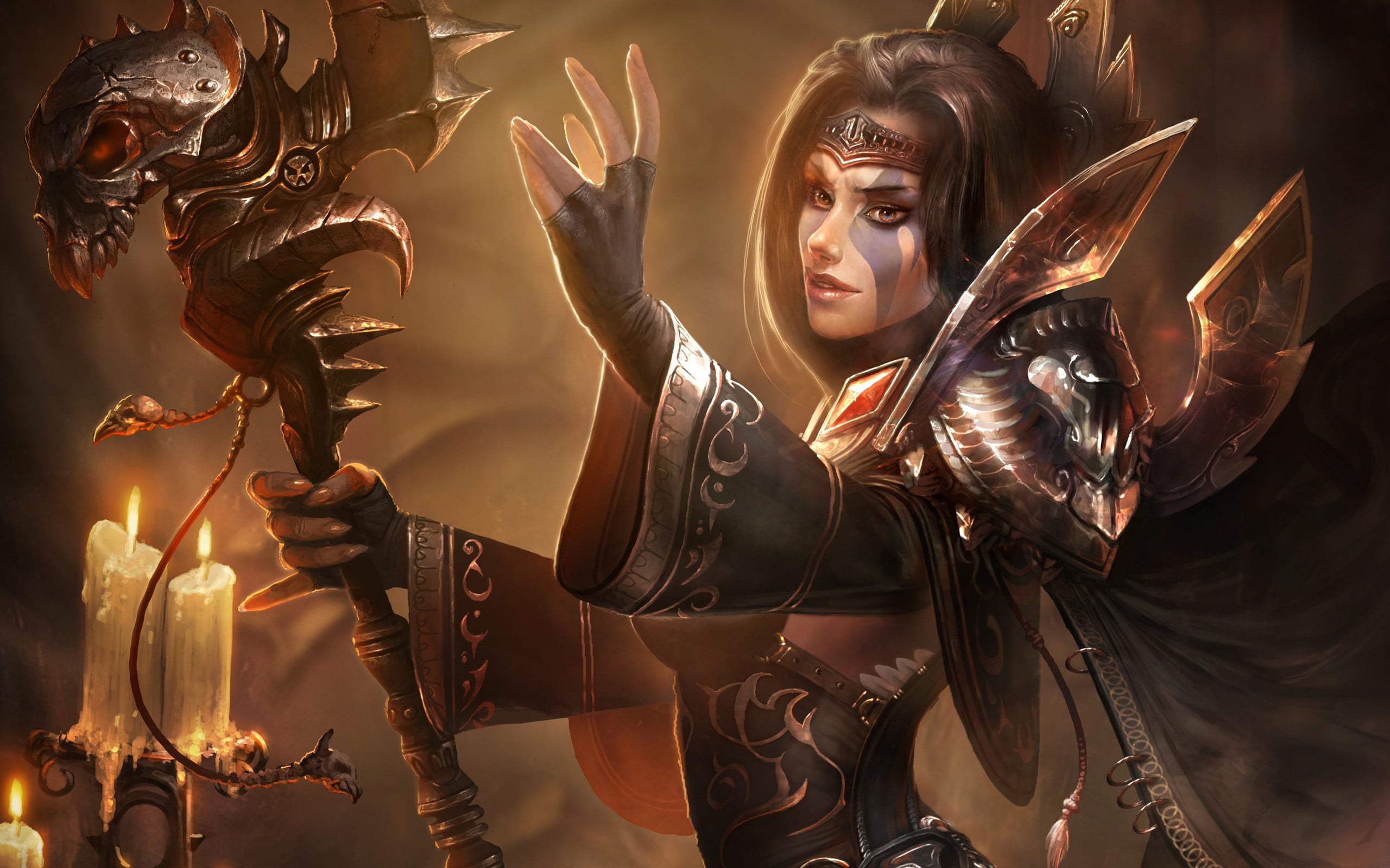 arts culture and entertainment, CGI, armor, spear, 2K, women, magic, adult, black, human representation, wearing, art and craft, candles, hairstyle, lifestyles, HD Wallpaper