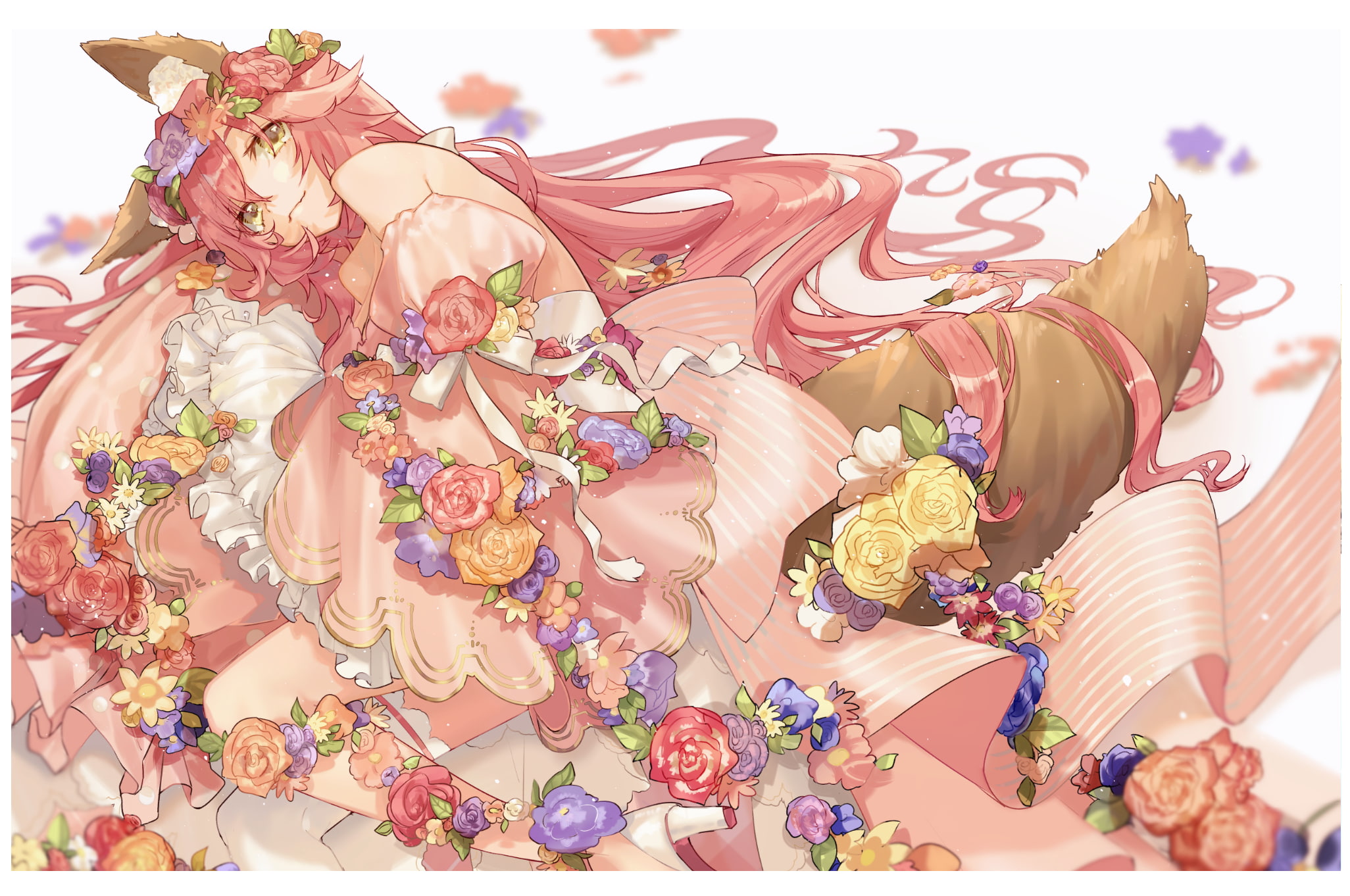 hino, eyes, ccc, dress, ears, pink, flowers, hair, fate, (series), long, com, tail, animal, foxgirl, ribbons, yellow, hinako, konachan, 256455, extra, 1080P, HD Wallpaper