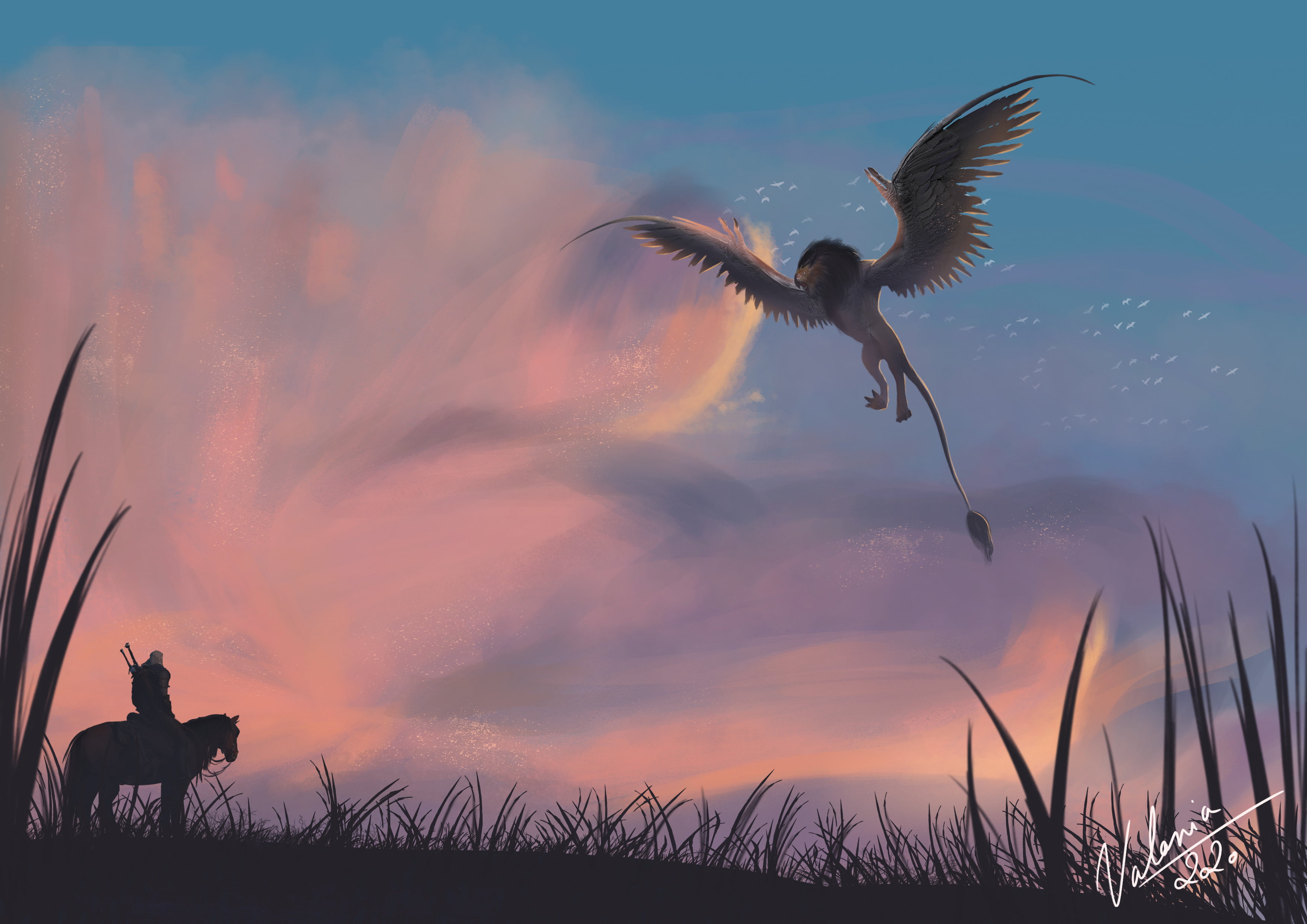 orange sky, Roach, orange clouds, The Witcher, artwork, video game art, digital art, Video Game Creatures, 2K, Geralt of Rivia, landscape, wings, The Witcher 3: Wild Hunt, HD Wallpaper