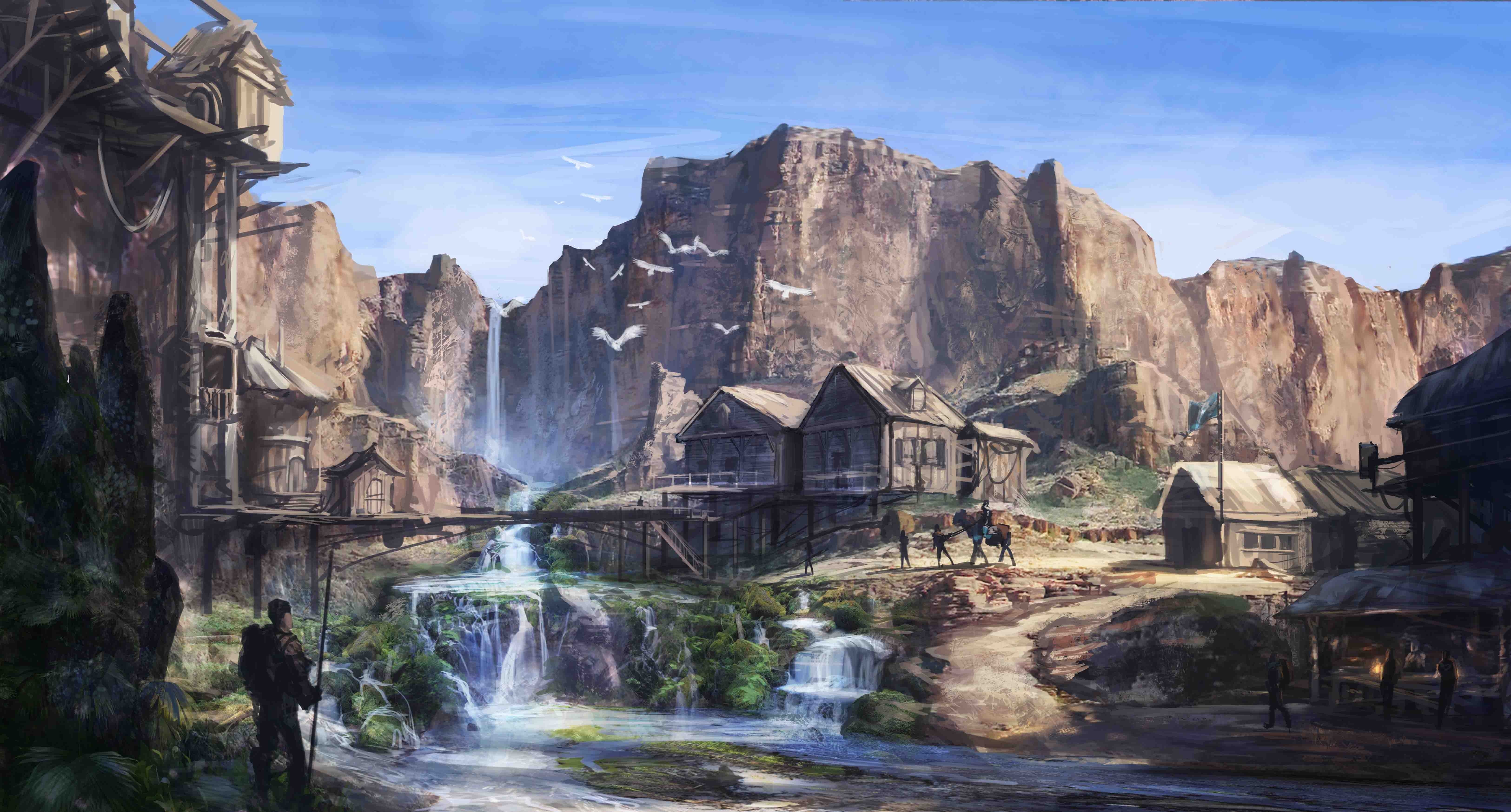 flowing, travel Destinations, water, beauty In Nature, day, village, architecture, nature, painting, oasis, landscape, rock formation, flowing water, settlement, HD Wallpaper