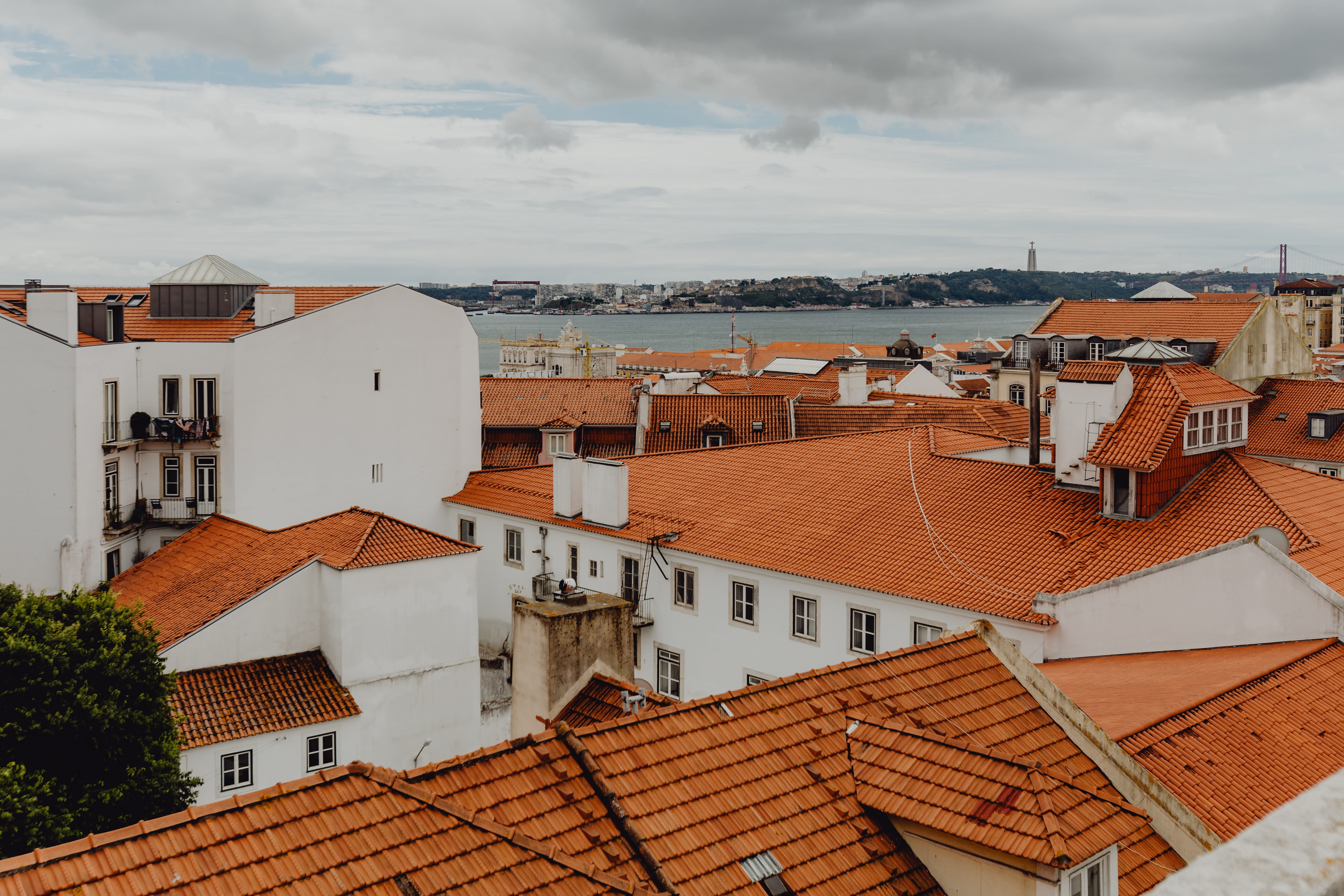 day, nature, roof tile, building exterior, lisbon, cityscape, sea, water, residential district, high angle view, town, 5K, roof, townscape, house, built structure, HD Wallpaper