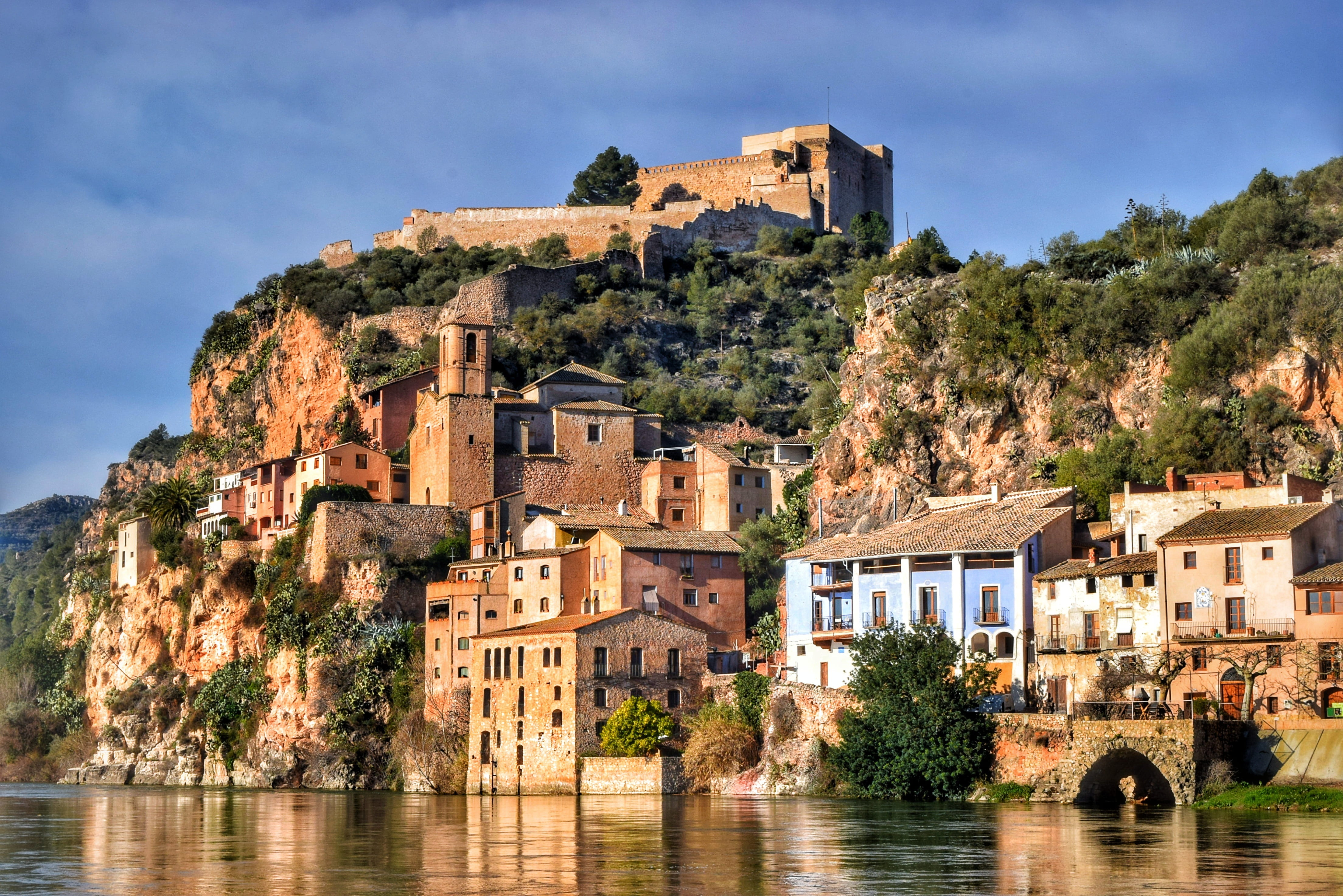 sea, fort, trees, medieval, tourism, building, spain, cityscape, travel destinations, water, royalty, landscape, town, outdoors, body, travel, residential district, HD Wallpaper