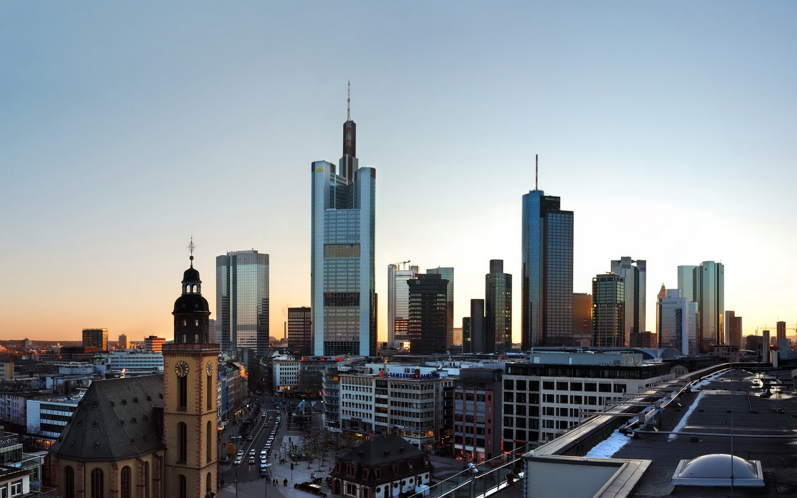 built structure, tall - high, sky, building, sunset, cityscape, building exterior, no people, travel destinations, Frankfurt, office building exterior, HD Wallpaper