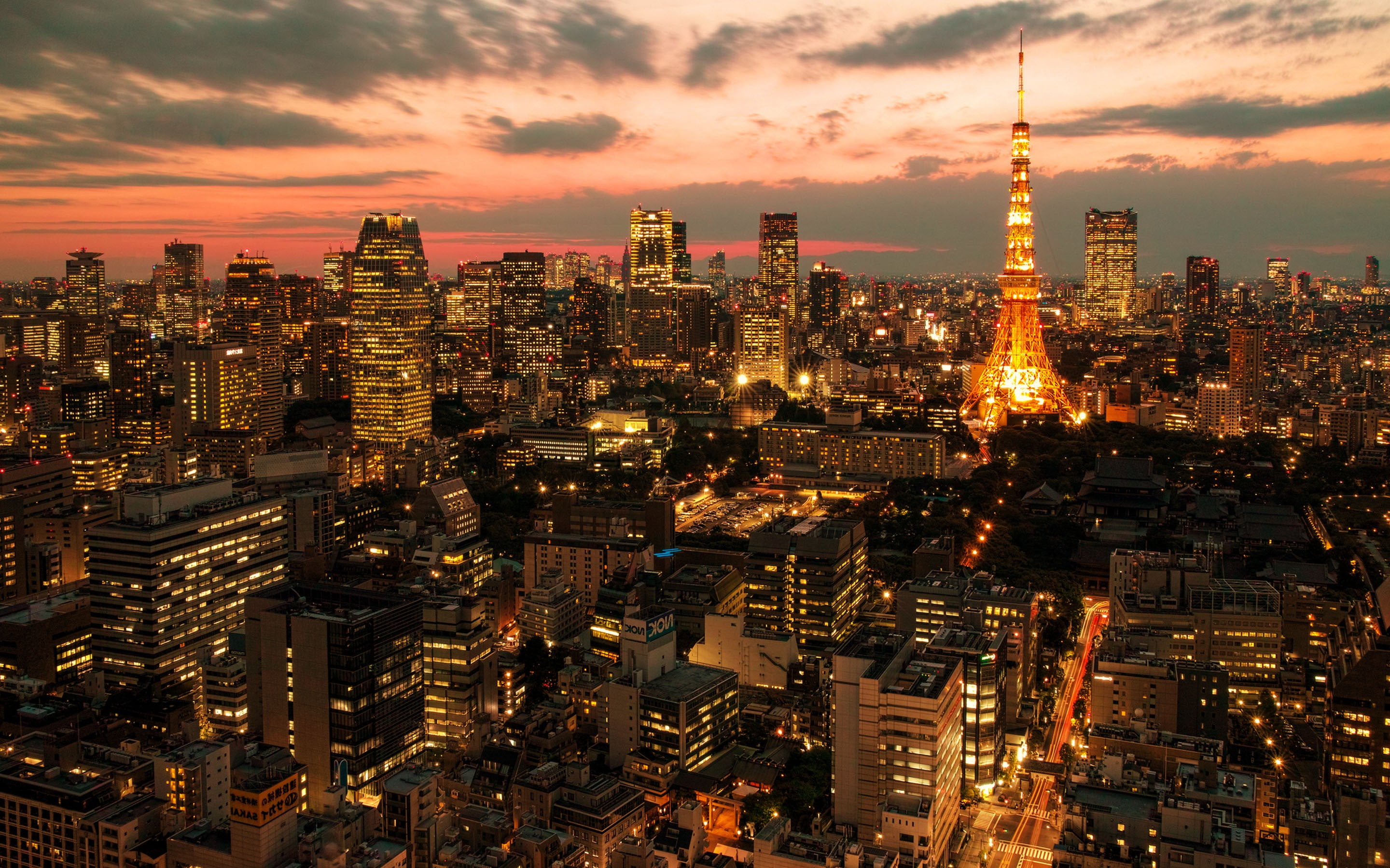 outdoors, spire, photography, crowded, Tokyo, dusk, building, sunset, cityscape, financial district, lights, residential district, city, building exterior, HD Wallpaper