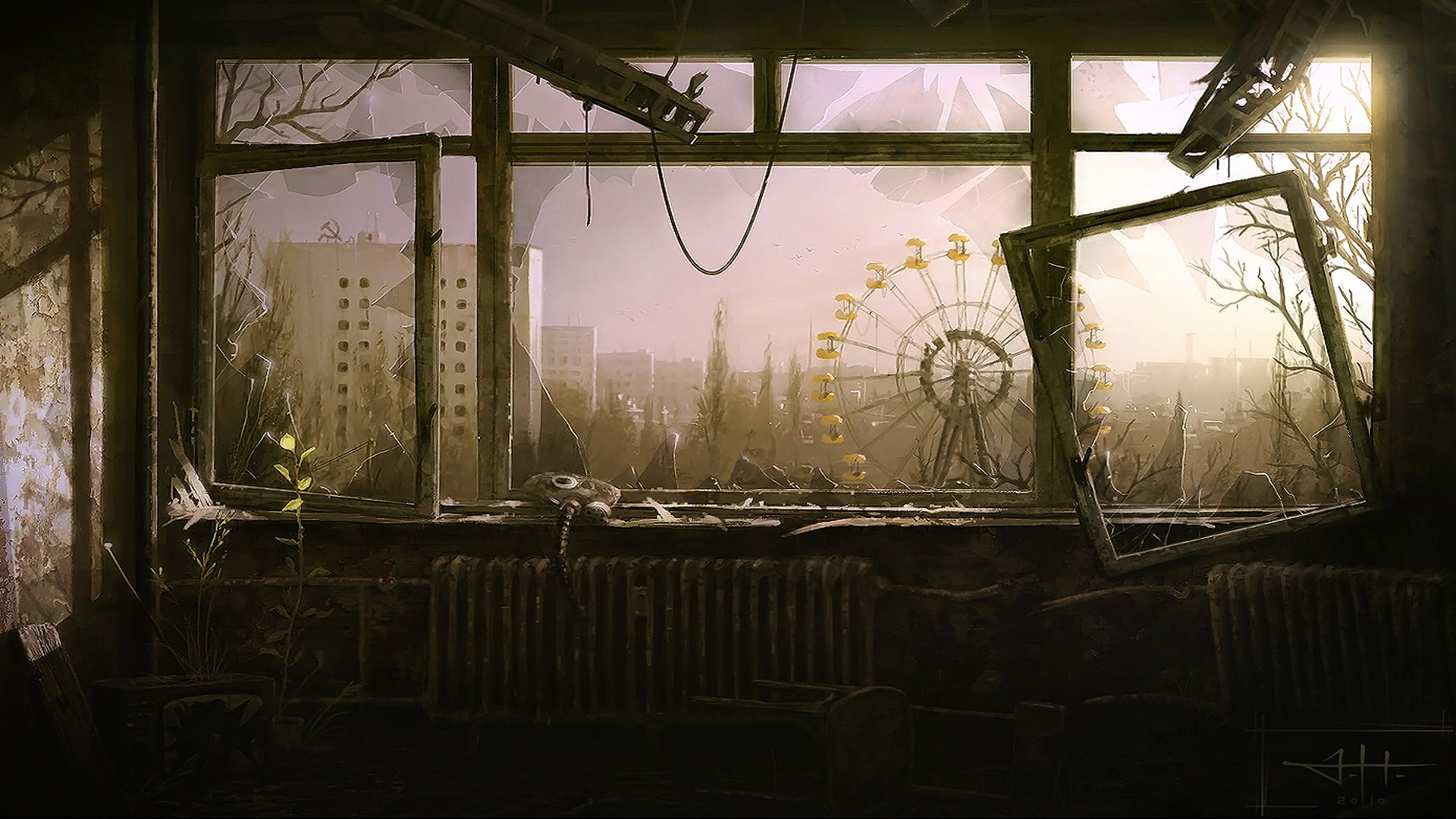 the evening, Ukraine, 1080P, Pripyat, carousel, window, HD Wallpaper