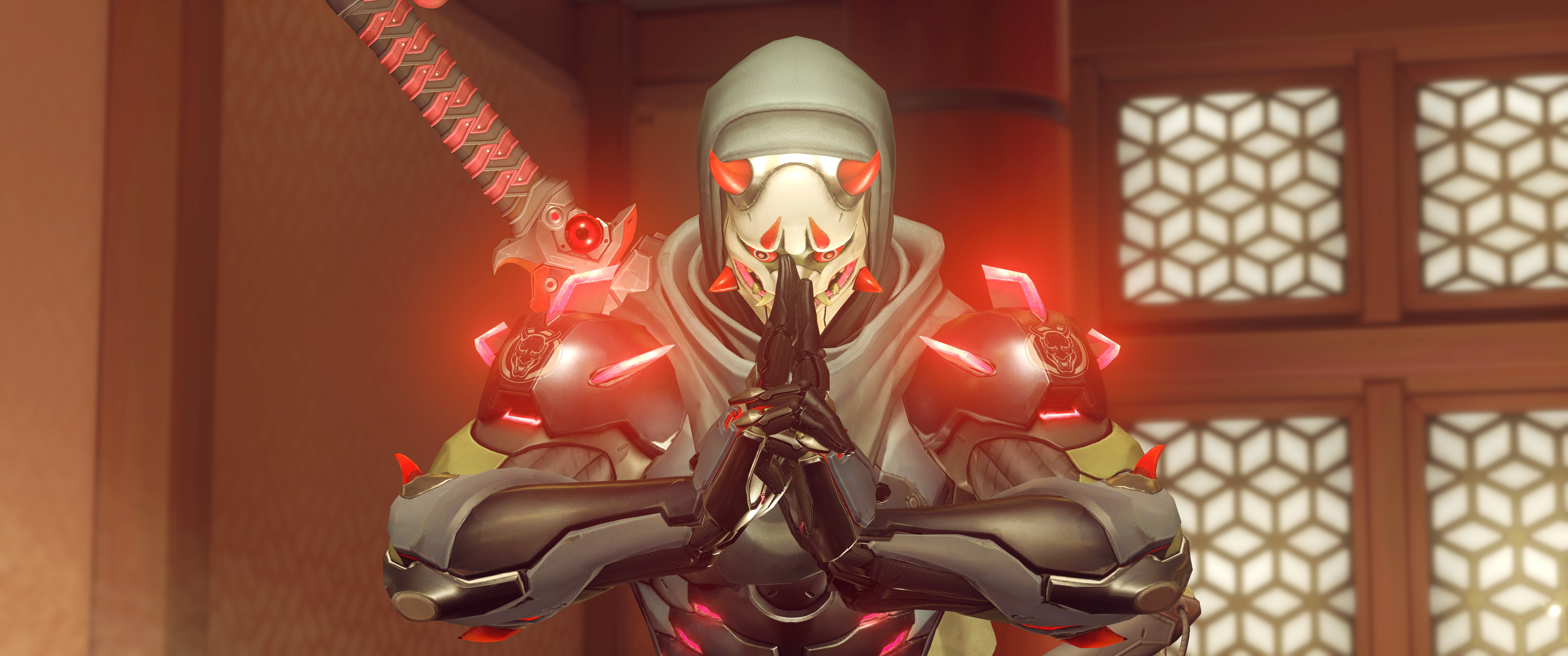 Genji (Overwatch), indoors, bizarre, religion, bone, representation, spirituality, 8K, creativity, close-up, architecture, futuristic, Overwatch, chinese new year, HD Wallpaper