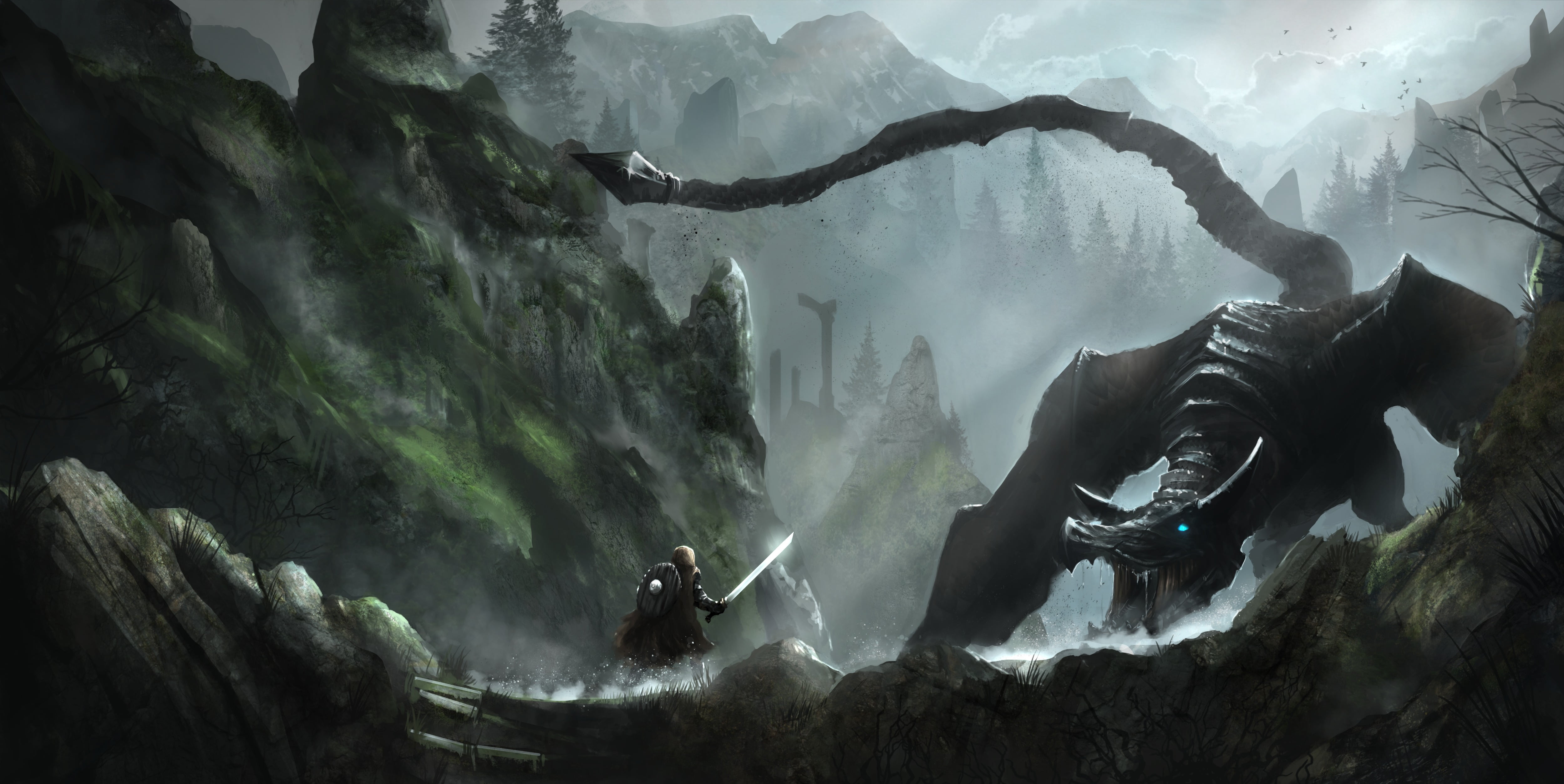 skyrim, illustration, lifestyles, mystery, outdoors, nature, rock - Object, 4K, adventure, human arm, formation, scenics - nature, animal, black, leisure activity, HD Wallpaper