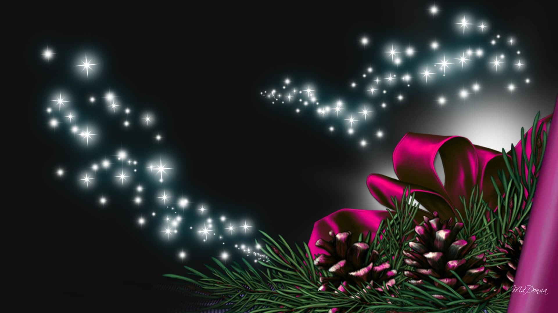 ribbon, pine needles, stars, 1080P, sparkles, pine cone, design, christmas, glowing, winter, firefox persona, bright, new years, HD Wallpaper
