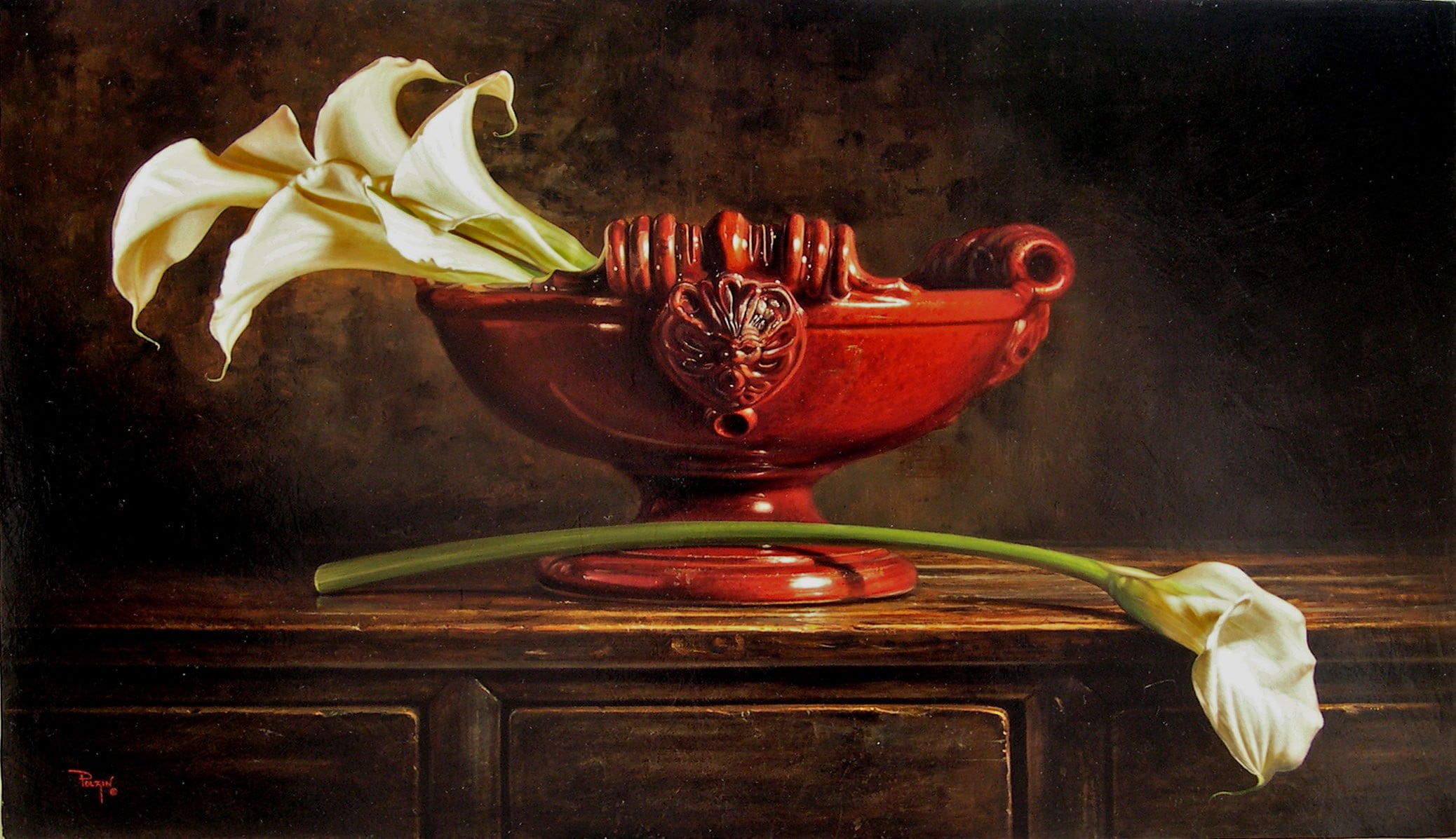 reproduction, brown, bowl, petaled, calla, flowers, drawing, table, footed, white, Polzin, Kyle, vase, ceramic, 1080P, painting, HD Wallpaper