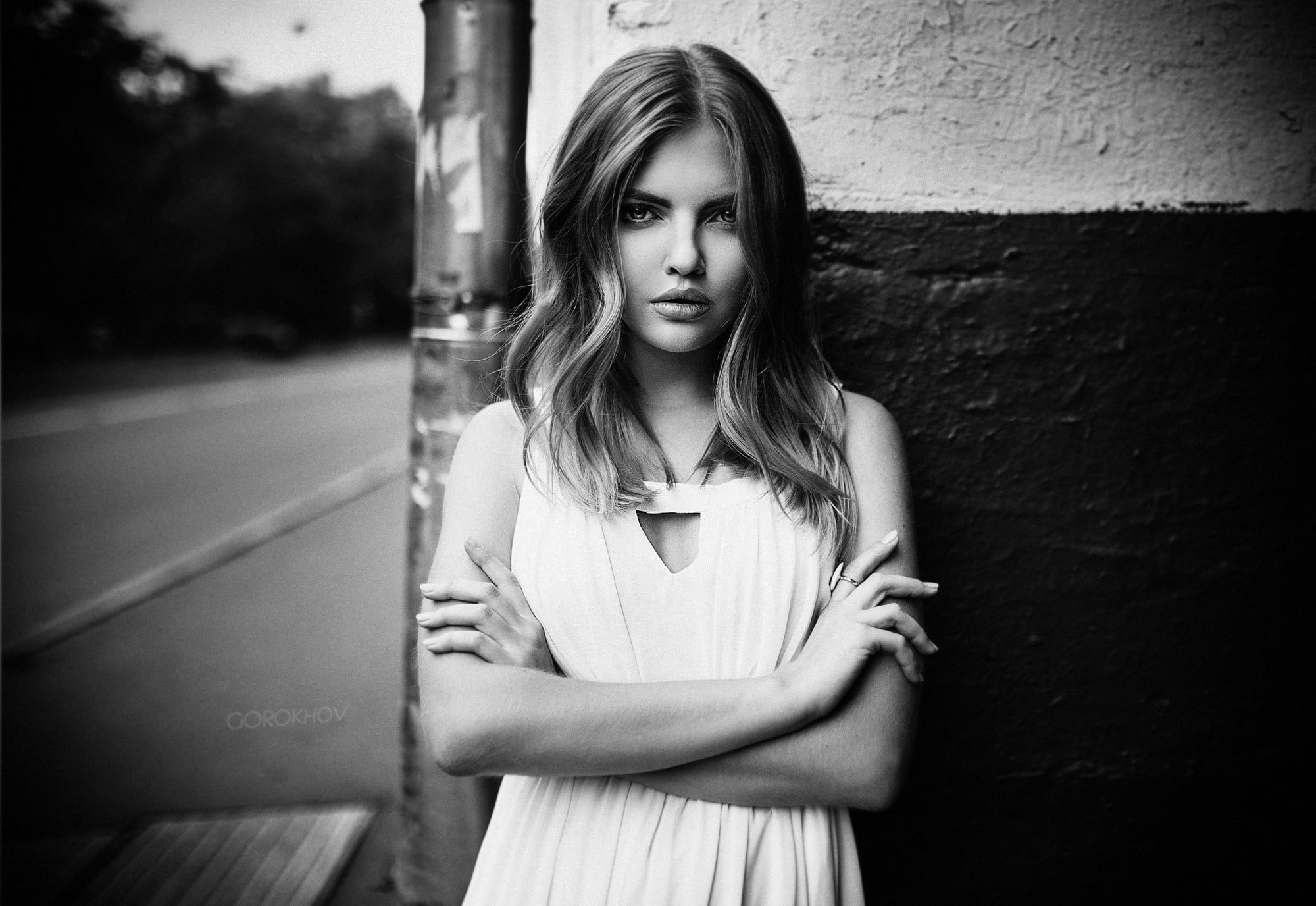 front view, hair, portrait, city, teenager, sadness, beauty, arms on chest, women, waist up, beautiful woman, arms crossed, young women, young adult, dress, HD Wallpaper