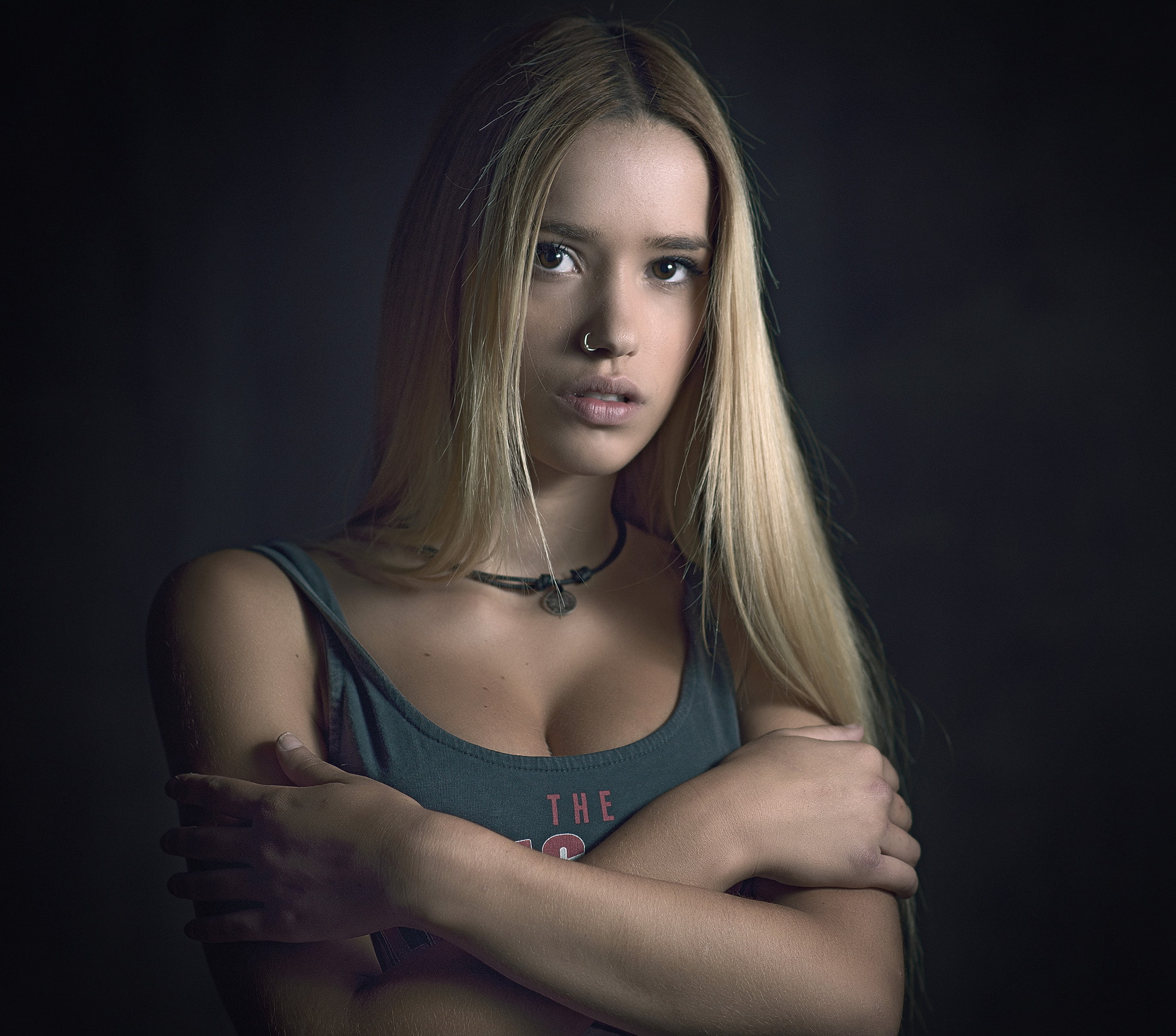 studio shot, young women, blonde, young adult, beautiful people, one person, beautiful woman, hair, necklace, portrait, beauty, nose rings, arms crossed, HD Wallpaper