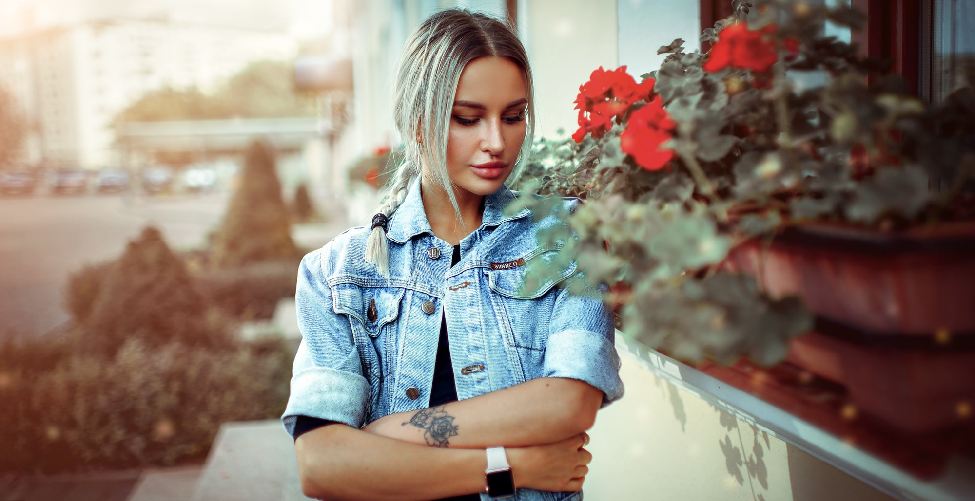 front view, flowering plant, blonde, long hair, one person, nature, contemplation, 1080P, denim, jeans jacket, young women, arms crossed, lifestyles, casual clothing, HD Wallpaper
