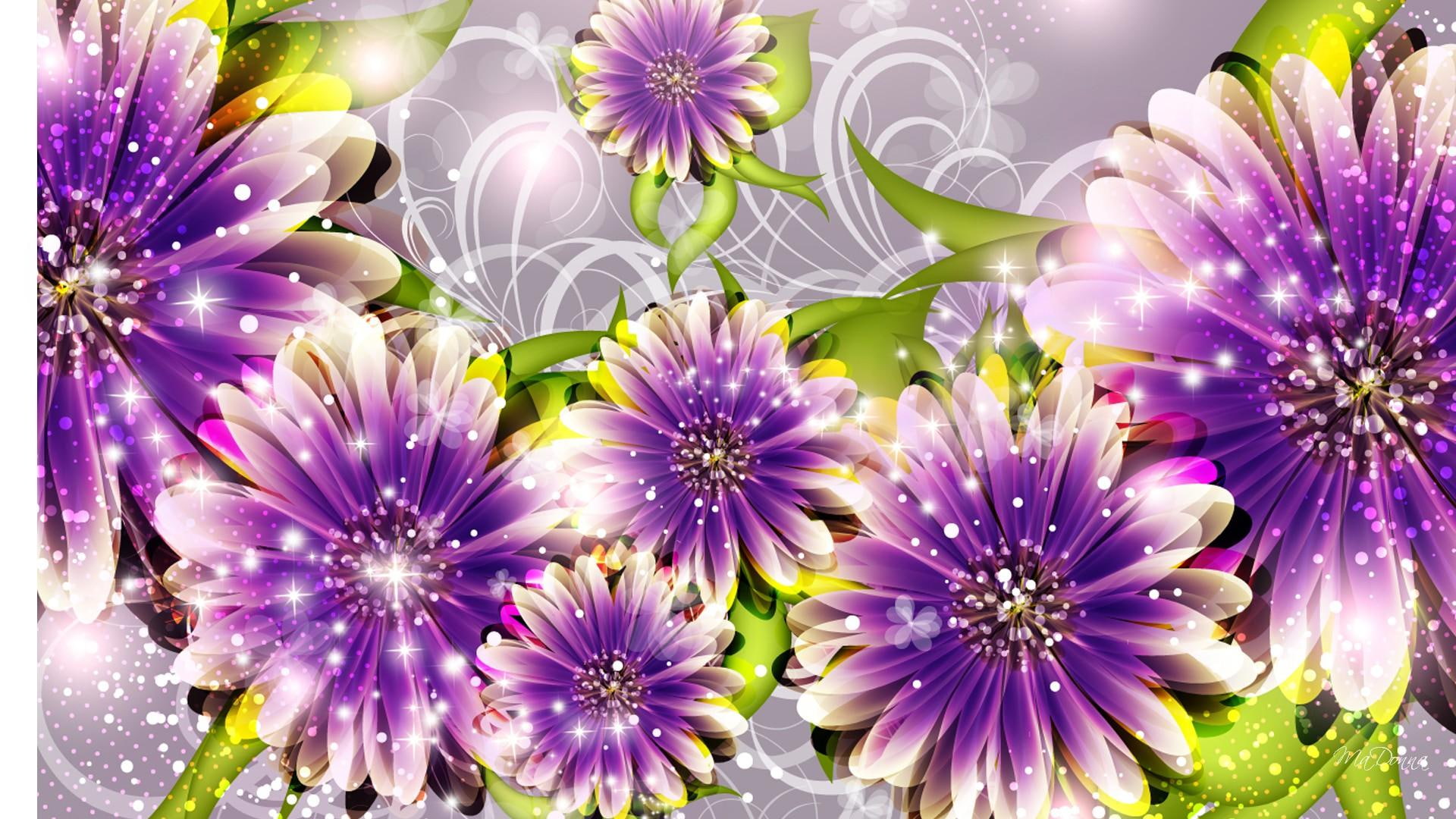 purple, stars, fleurs, daisies, 1080P, abstact, spring, green, lavender, swirls embellishment, flowers, sprinkles, love, HD Wallpaper
