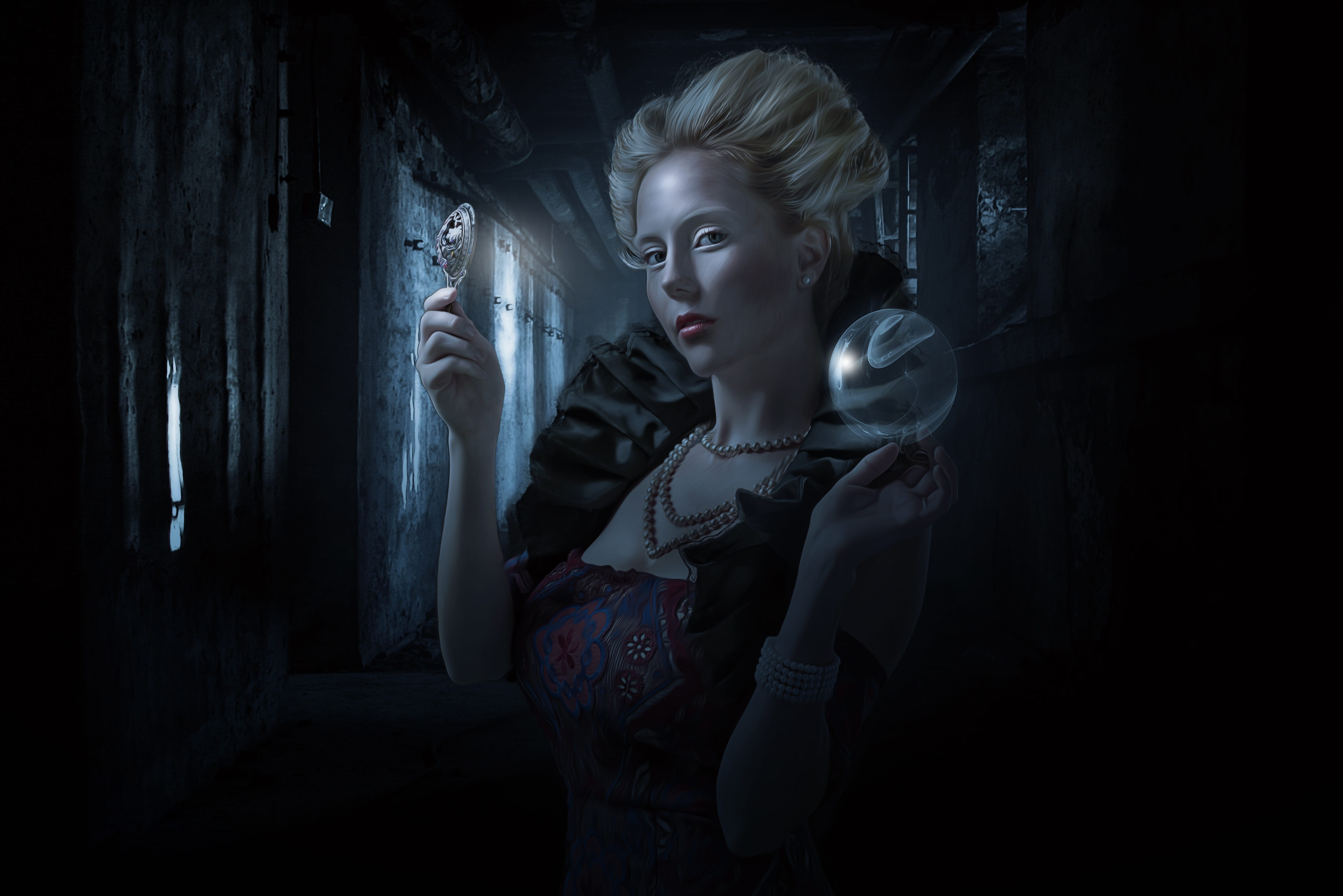 waist up, young, cristal ball, woman, beautiful woman, female, gothic atmosphere, lifestyles, young women, hairstyle, magic ball, model, beauty, 4K, dark, HD Wallpaper