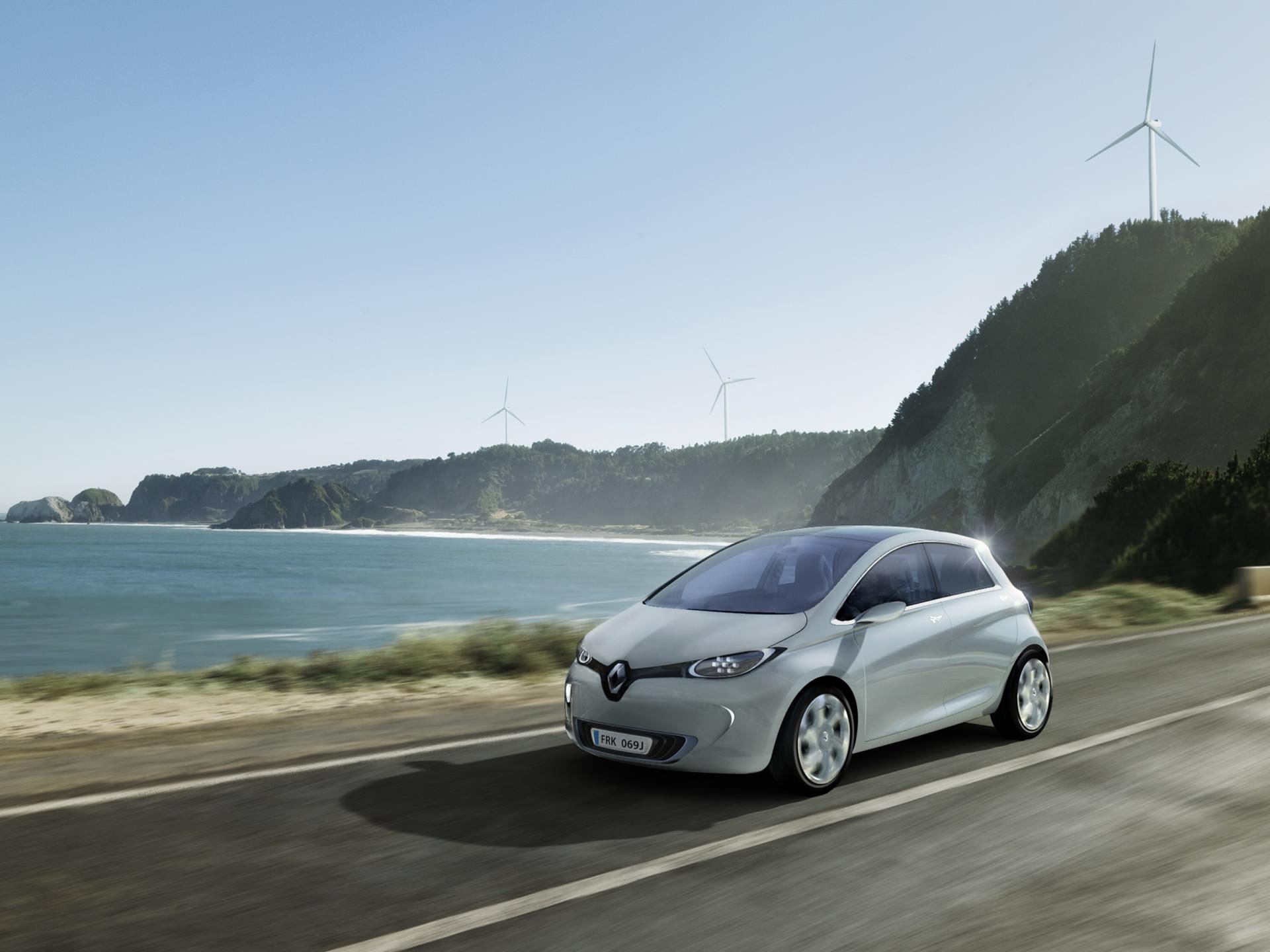 clear sky, no people, 1080P, zoe, transportation, car, wind power, nature, mountain, renault, luxury, mode of transportation, outdoors, day, preview, sustainable resources, HD Wallpaper