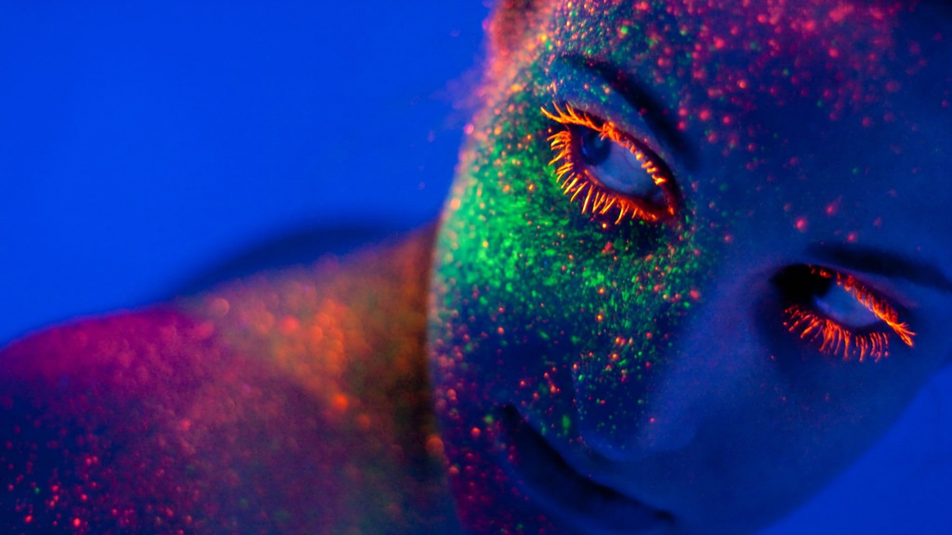 human face, close-up, colorful, portrait, blue, body part, face paint, glowing, women, fashion, human body part, headshot, one person, studio shot, beautiful woman, HD Wallpaper