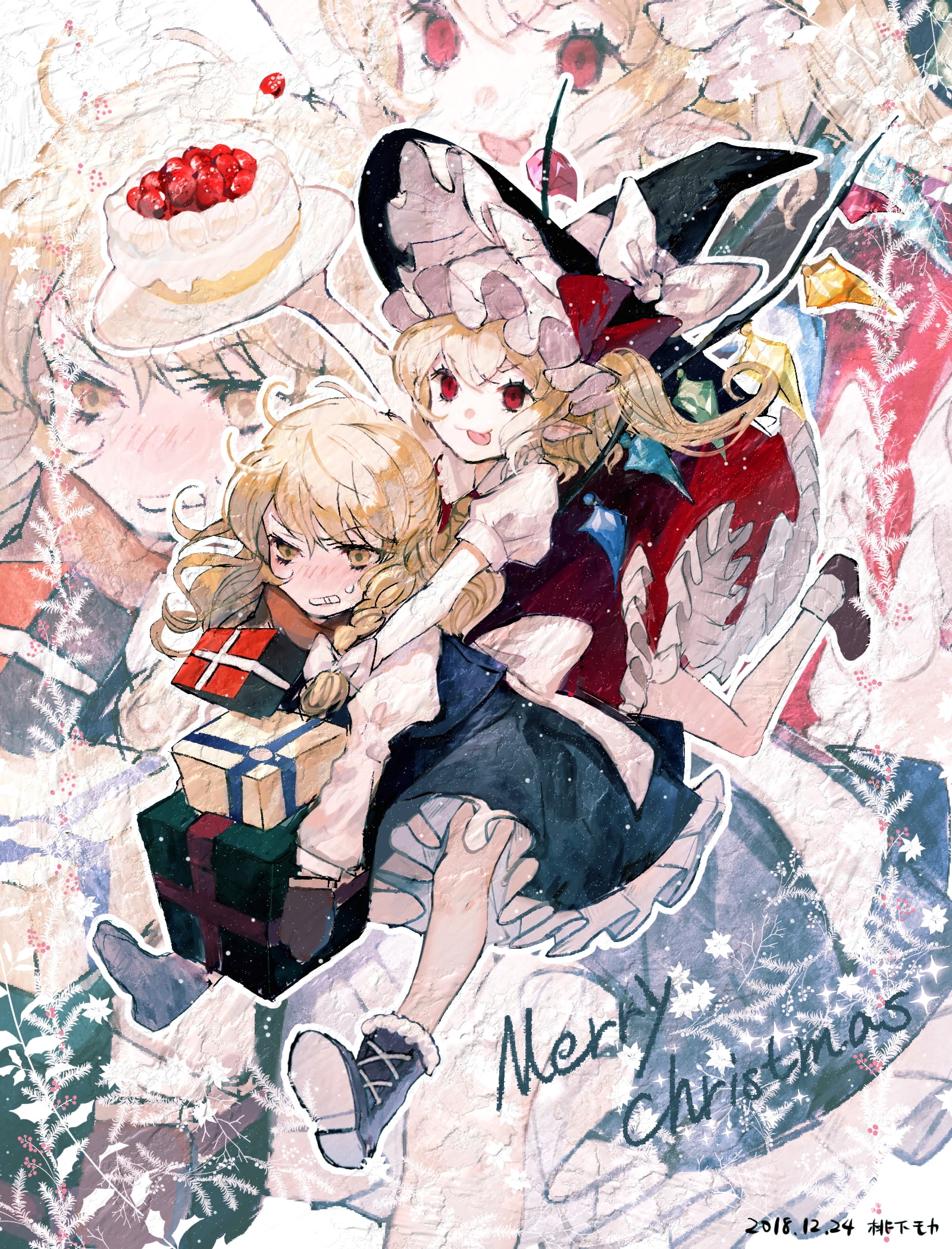Christmas, witch hat, Flandre Scarlet, Kirisame Marisa, anime girls, anime, 2018 (Year), 1080P, presents, red eyes, blonde, Phone HD Wallpaper