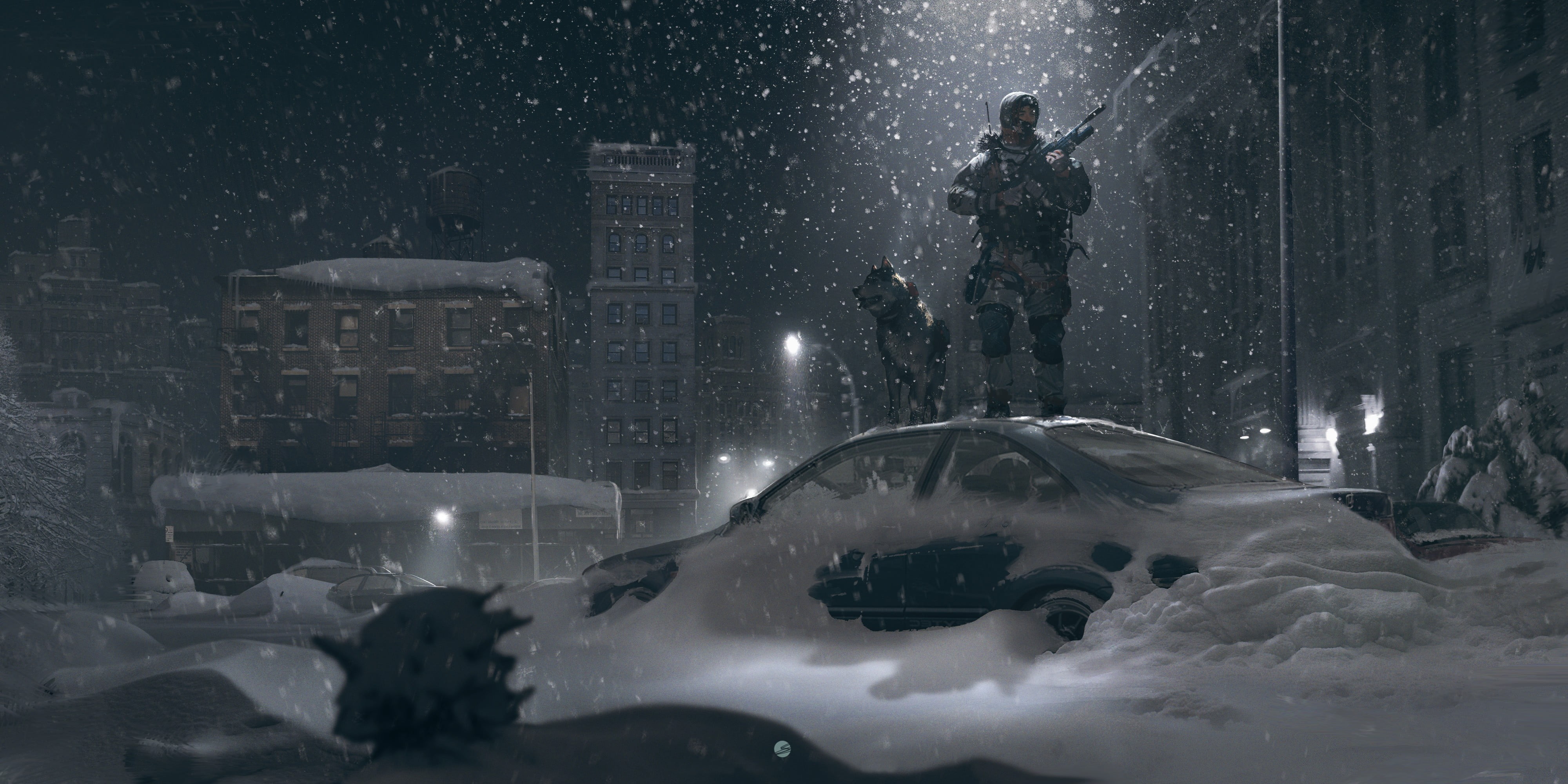 built structure, standing, skyscraper, cityscape, building, snowing, warm clothing, cold temperature, blizzard, snow, people, artwork, full length, government, HD Wallpaper