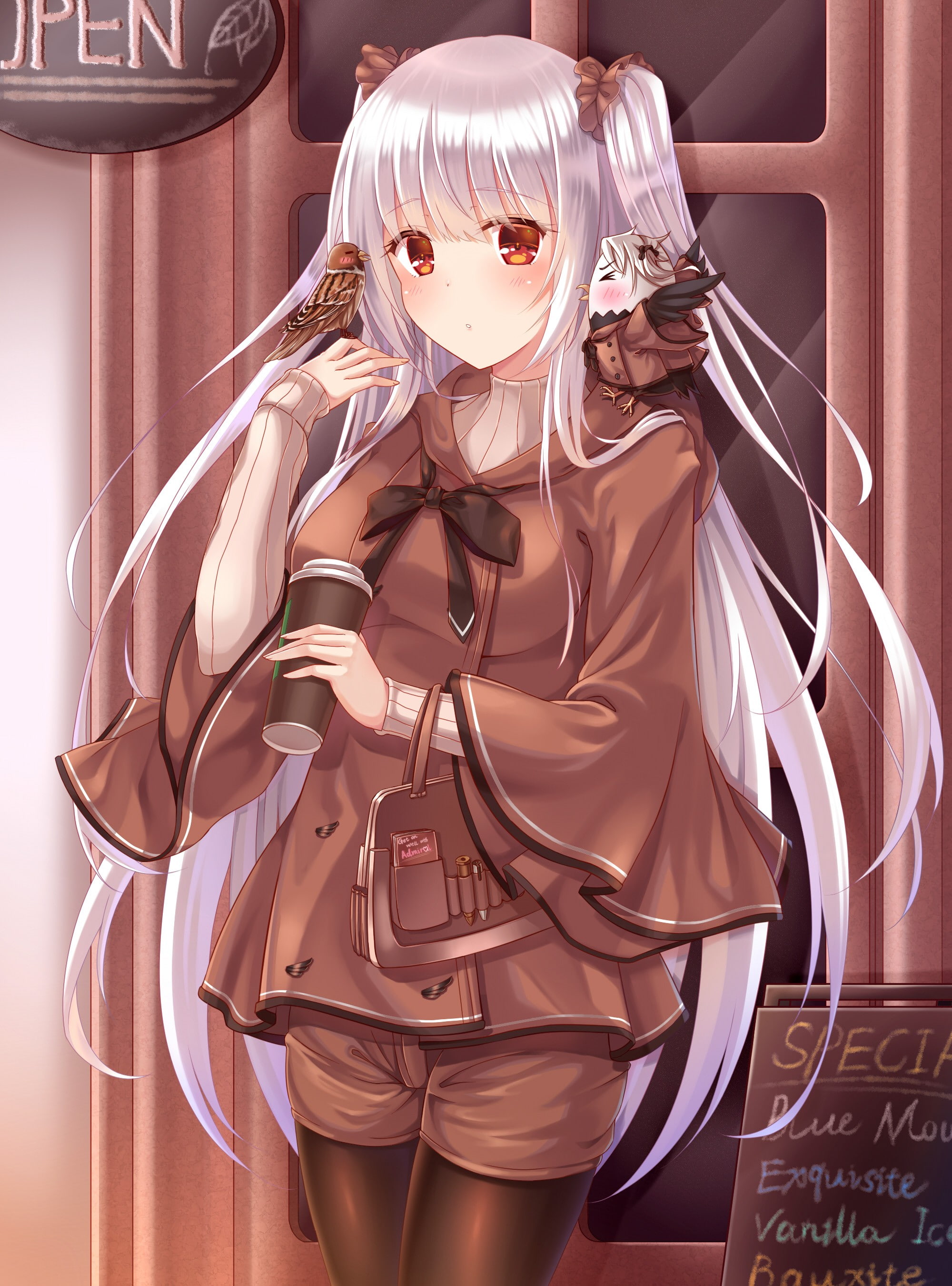 anime girls, anime, 2K, red eyes, birds, Zhanjian Shaonu, gray hair, long hair, Phone HD Wallpaper