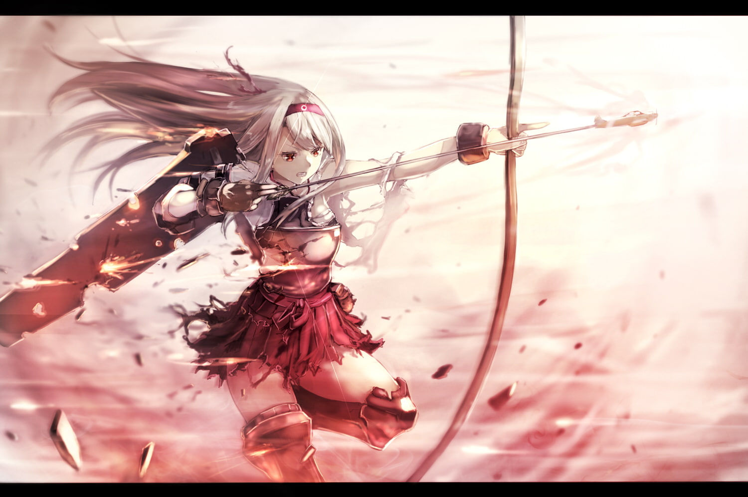 Shoukaku (Kancolle), Glove, Belt, Orange Eyes, Anime, Kantai Collection, Girl, Long Hair, 720P, White Hair, Thigh Boots, Bow, Skirt, HD Wallpaper