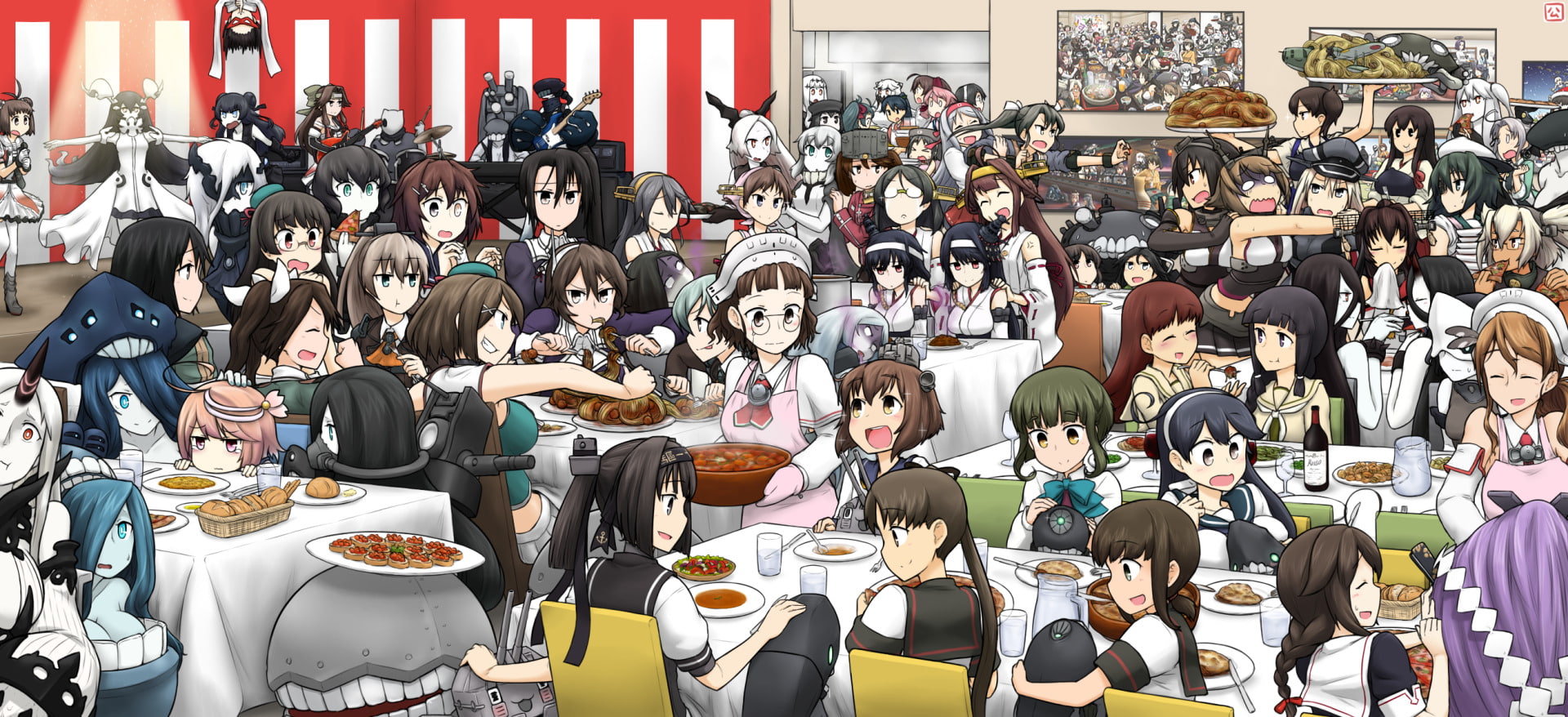 Ryuujou (Kancolle), group of people, Bismarck (Kancolle), chair, Kirishima (Kancolle), Kongou (Kancolle), adult, day, transportation, large group of people, HD Wallpaper