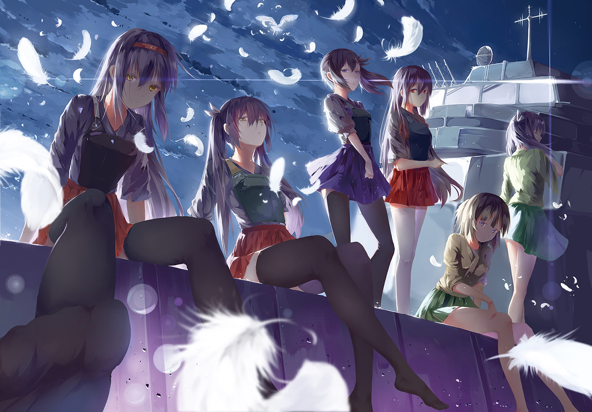 Feather, Skirt, Kaga (Kancolle), Purple Hair, Long Hair, Thigh Highs, Akagi (Kancolle), Smile, 1080P, Red Eyes, Sitting, Sky, Girl, Purple Eyes, Headband, HD Wallpaper