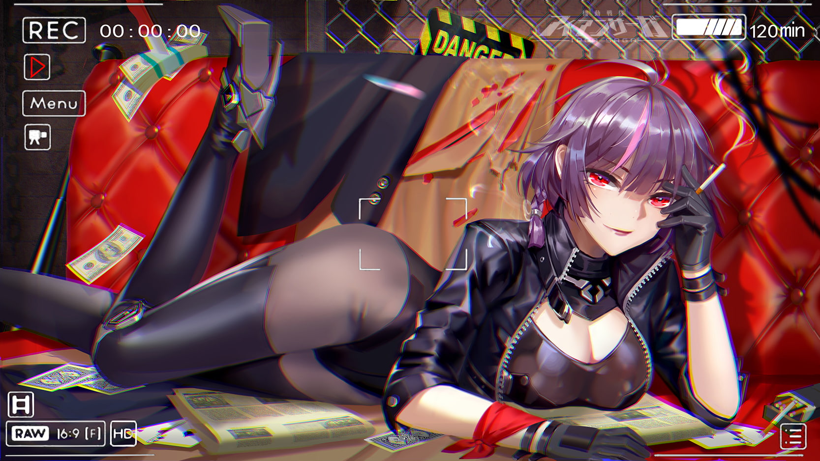 com, pantyhose, cigarette, zjsstc, couch, konachan, gloves, bodysuit, short, braids, red, eyes, thighhighs, cleavage, original, hair, smoking, boots, 720P, HD Wallpaper