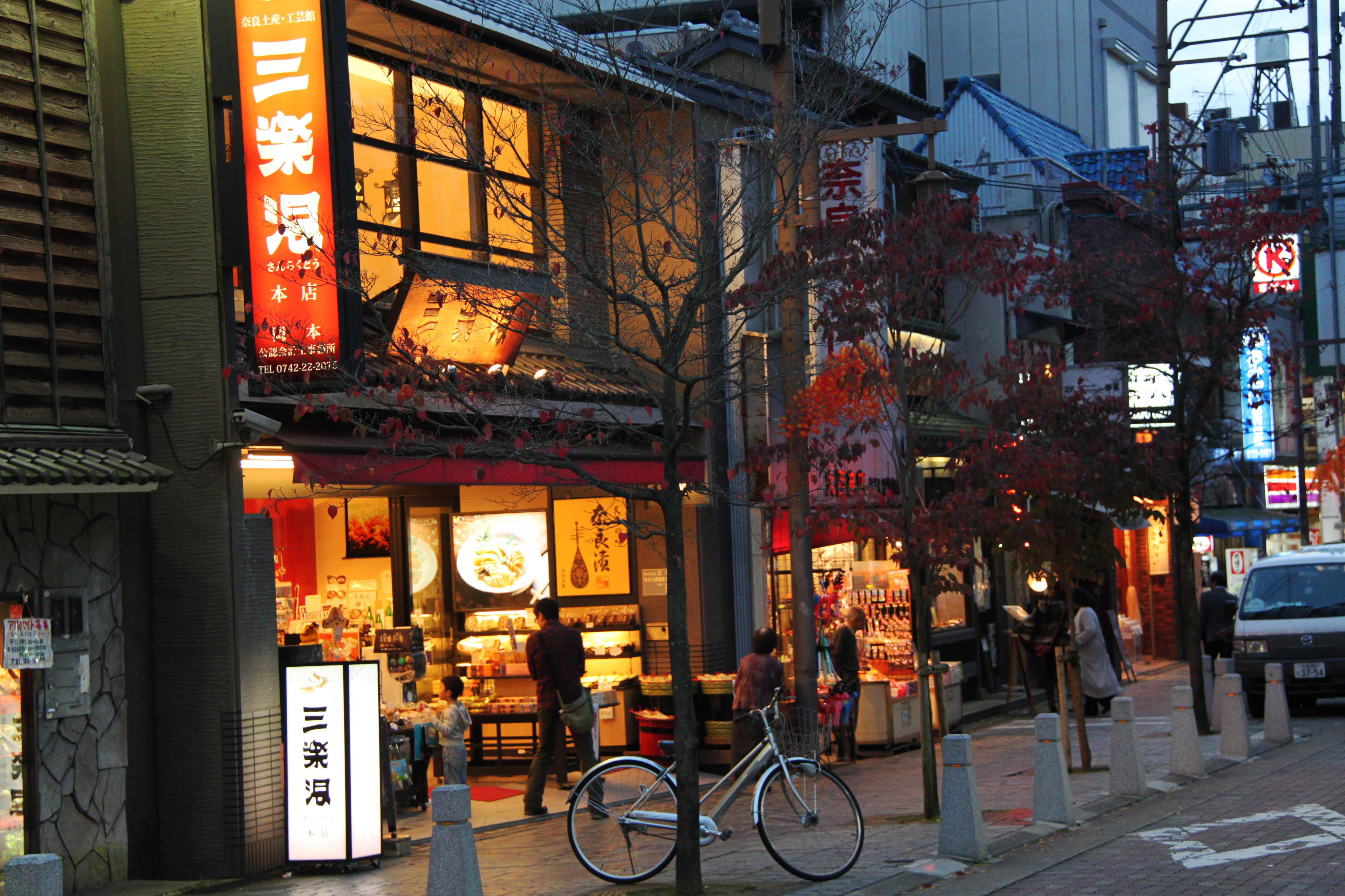 land vehicle, shopping, beautiful, sightseeing, city street, travel, dusk, beside, shops, japanese, japan, illuminated, nara, evening, architecture, residential district, HD Wallpaper