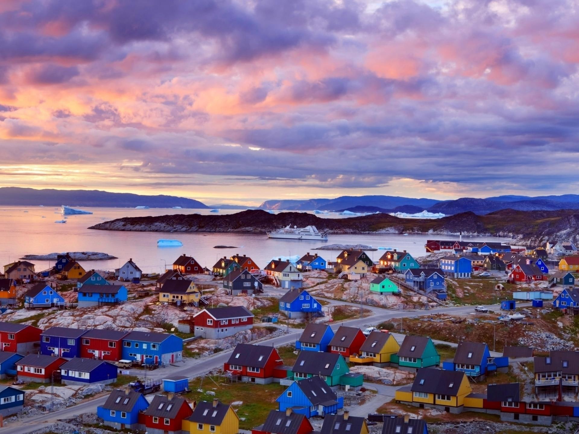 icel, greenland, ocean, sunset, nature and landscapes, town, 1080P, HD Wallpaper