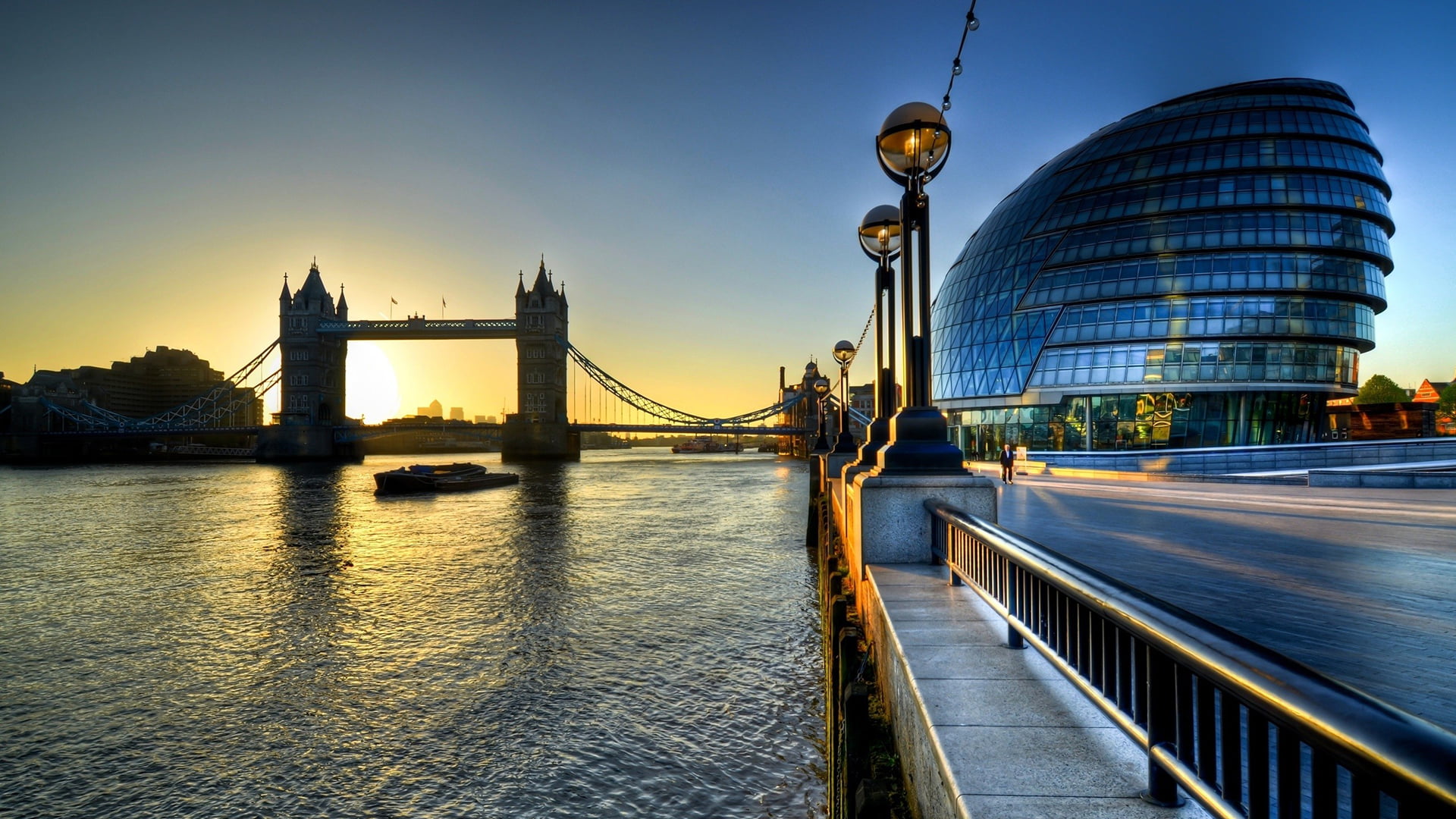 nature, cityscape, bridge, office building exterior, coast, outdoors, bridge - man made structure, sunset, buildings, scenic, travel, river, landmark, suspension bridge, HD Wallpaper