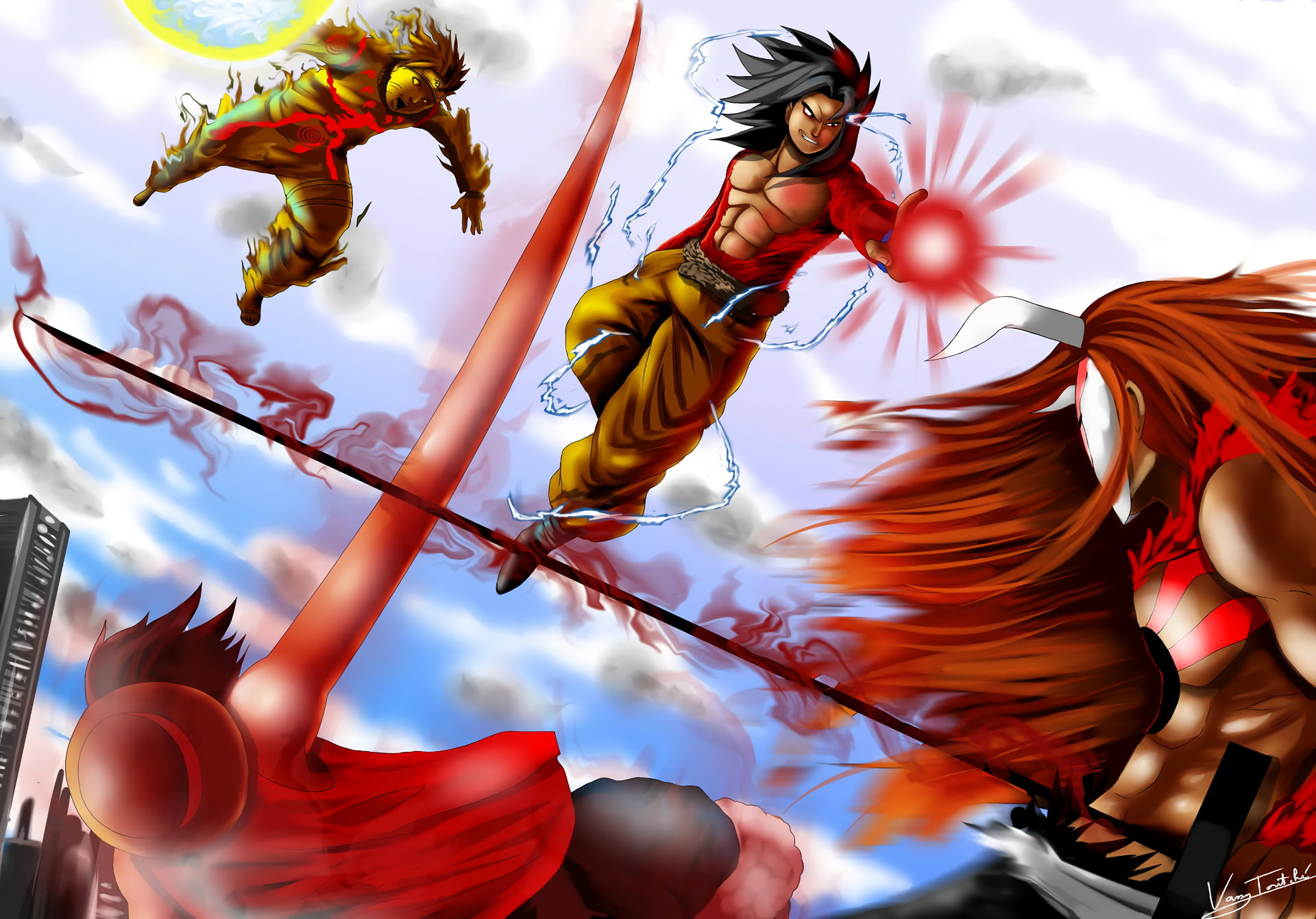 Dragon Ball Z, Goku, Crossover, One Piece, Anime, Naruto Uzumaki, Monkey D. Luffy, Naruto, Ichigo Kurosaki, 1080P, Dragon Ball, HD Wallpaper