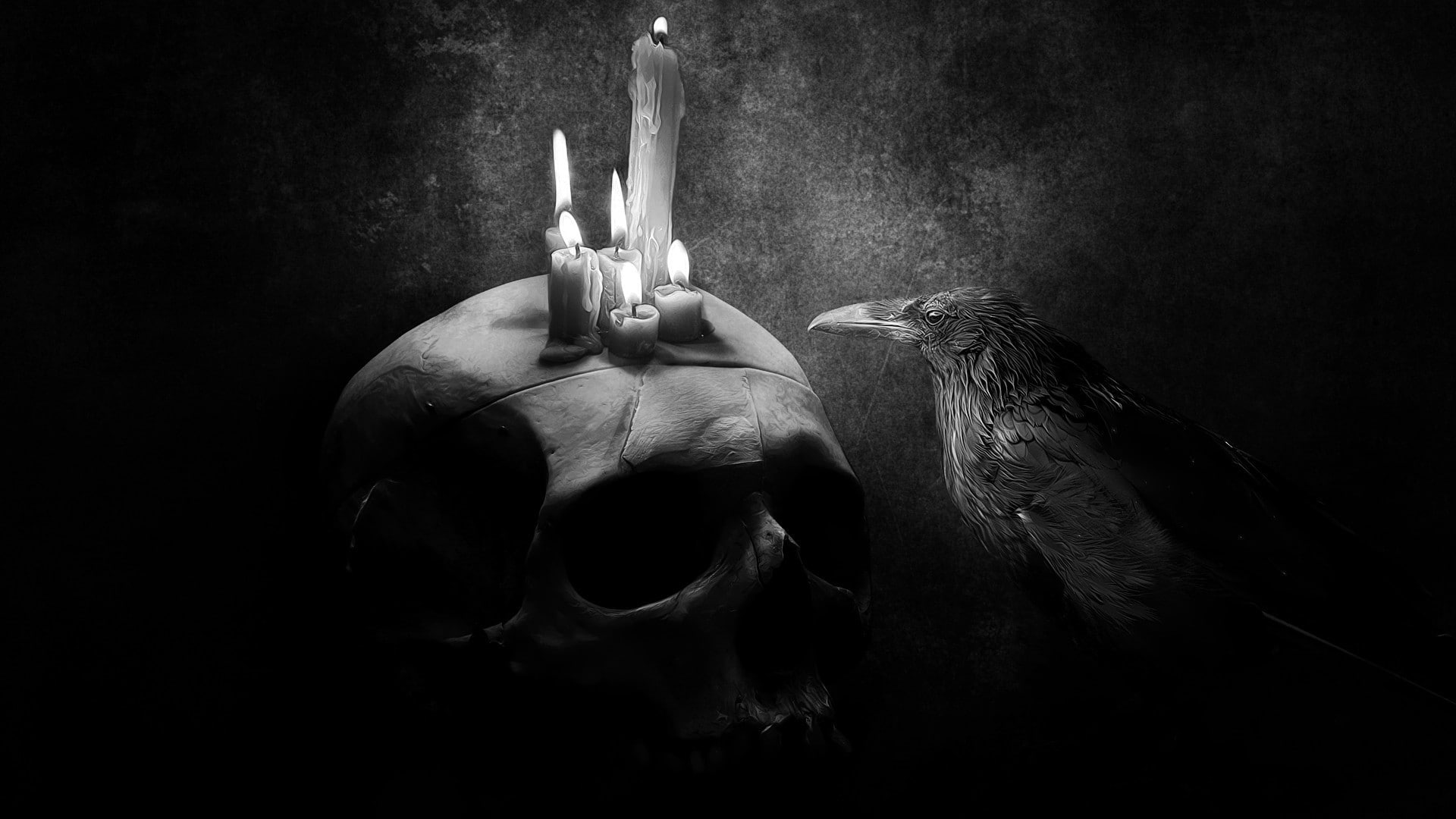 raven, fire, monochrome, digital art, skull, 1080P, drawing, animals, candles, HD Wallpaper