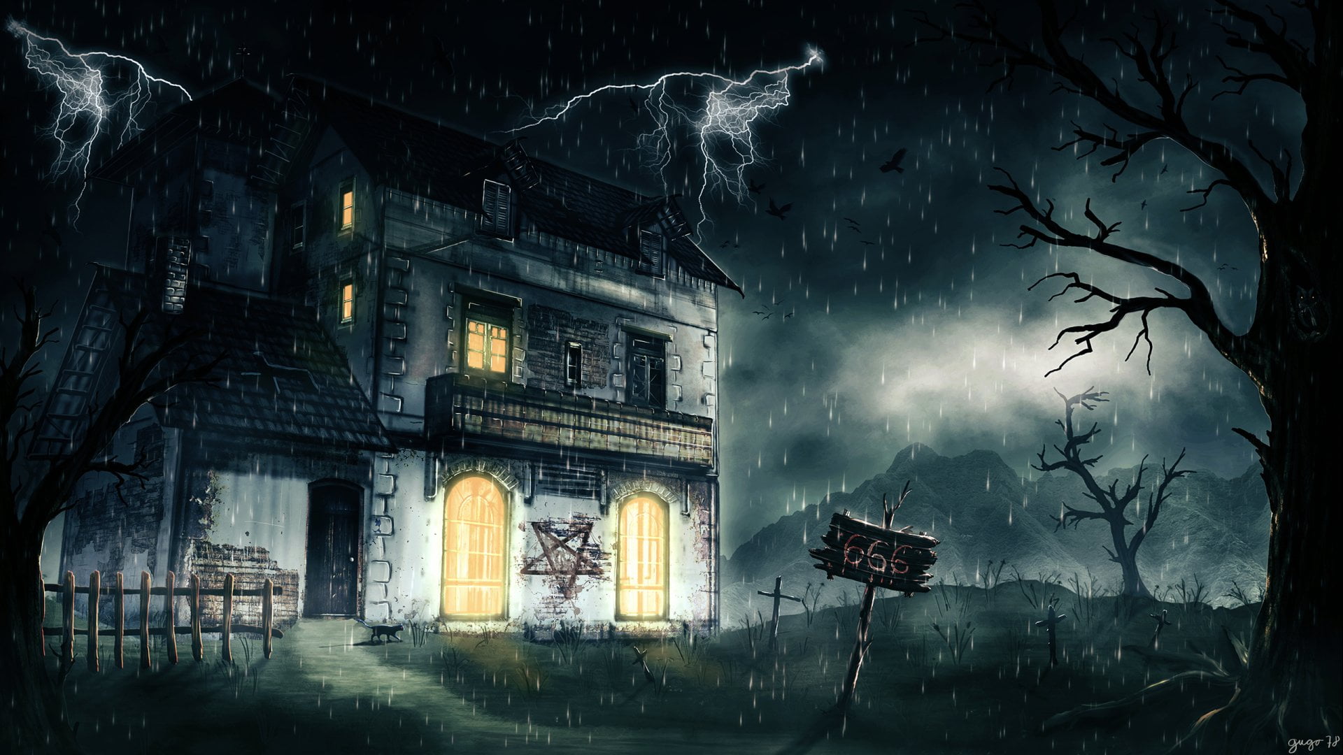 building exterior, Dark, place of worship, plant, residential district, dusk, outdoors, nature, sky, building, Pentagram, Rain, Night, tree, House, architecture, HD Wallpaper