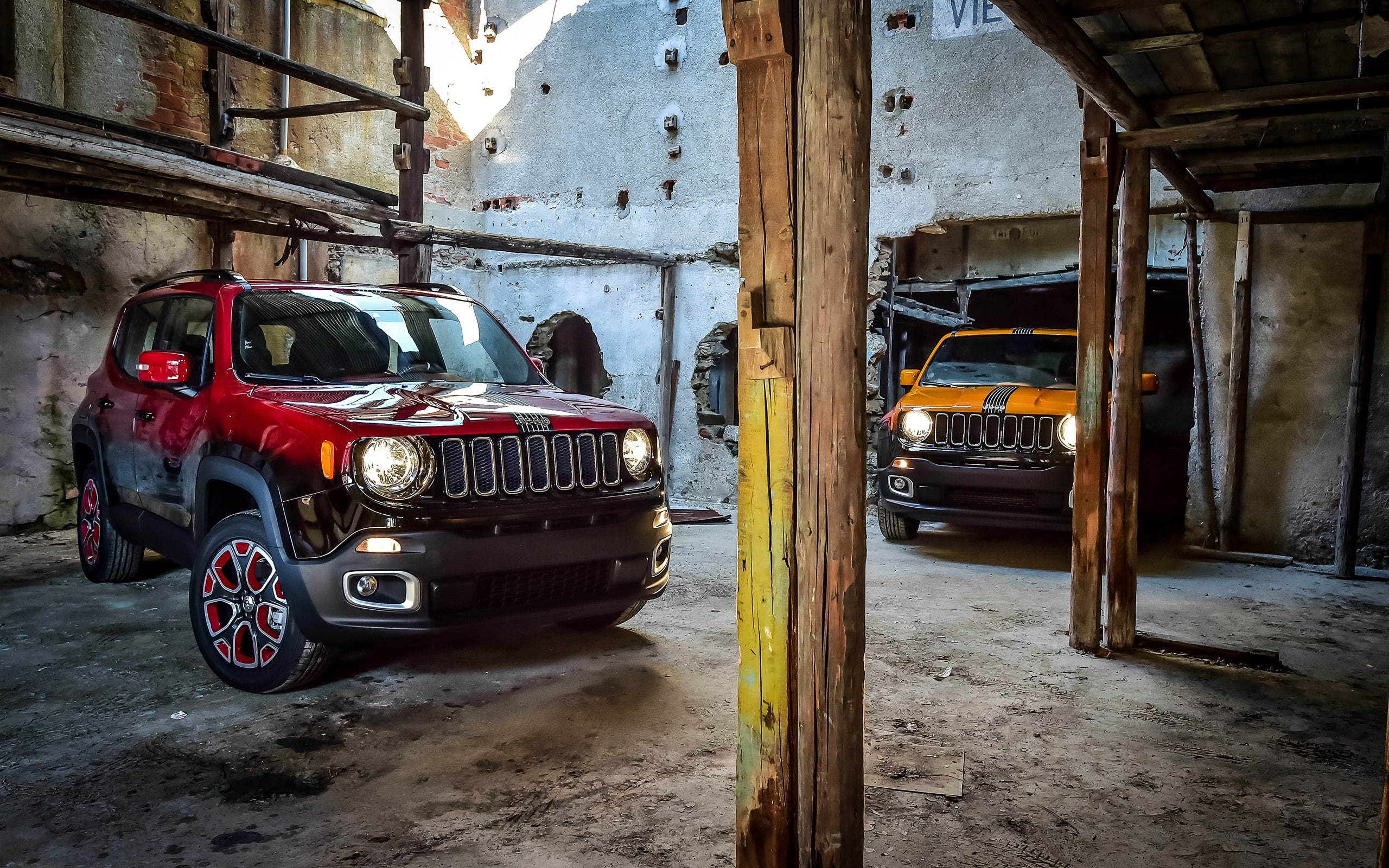 2K, red, 2015, renegade, Cars, Jeep, yellow, two, HD Wallpaper