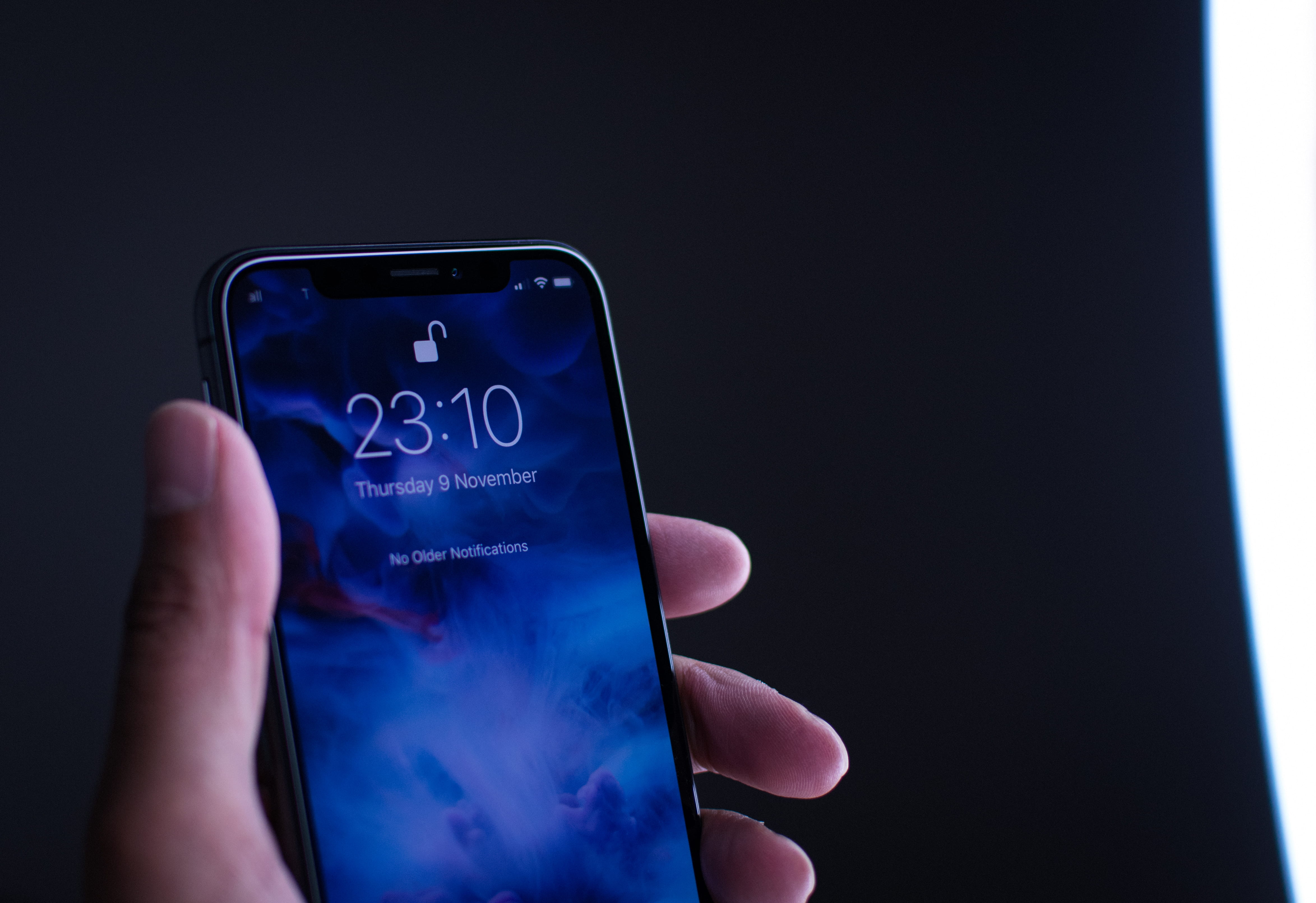 blue, space, touch screen, 4K, human body part, indoors, technology, human hand, iphone, wireless technology, finger, black background, screen, iphone x, HD Wallpaper