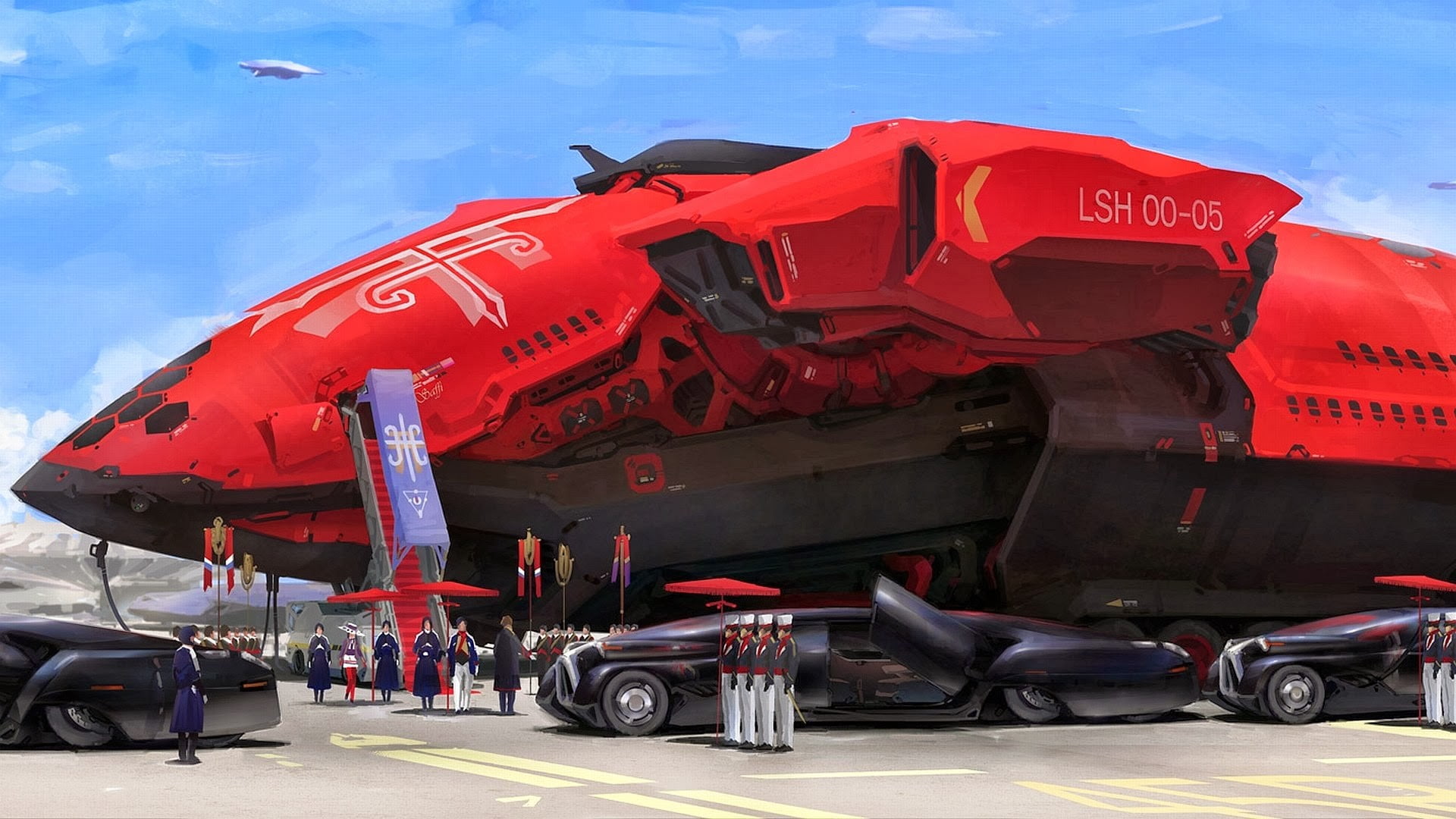 science fiction, flying, freight transportation, black, land vehicle, transportation, outdoors, red, day, mode of transportation, 1080P, airport, airport runway, HD Wallpaper