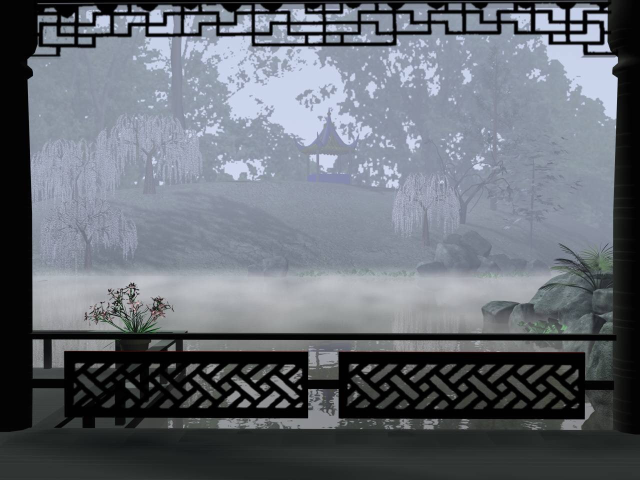 art, houses, rice, fantasy, view, 720P, abstract, d, paper, cg, japan, gardens, asia, foggy, gazebos, hd, window, HD Wallpaper