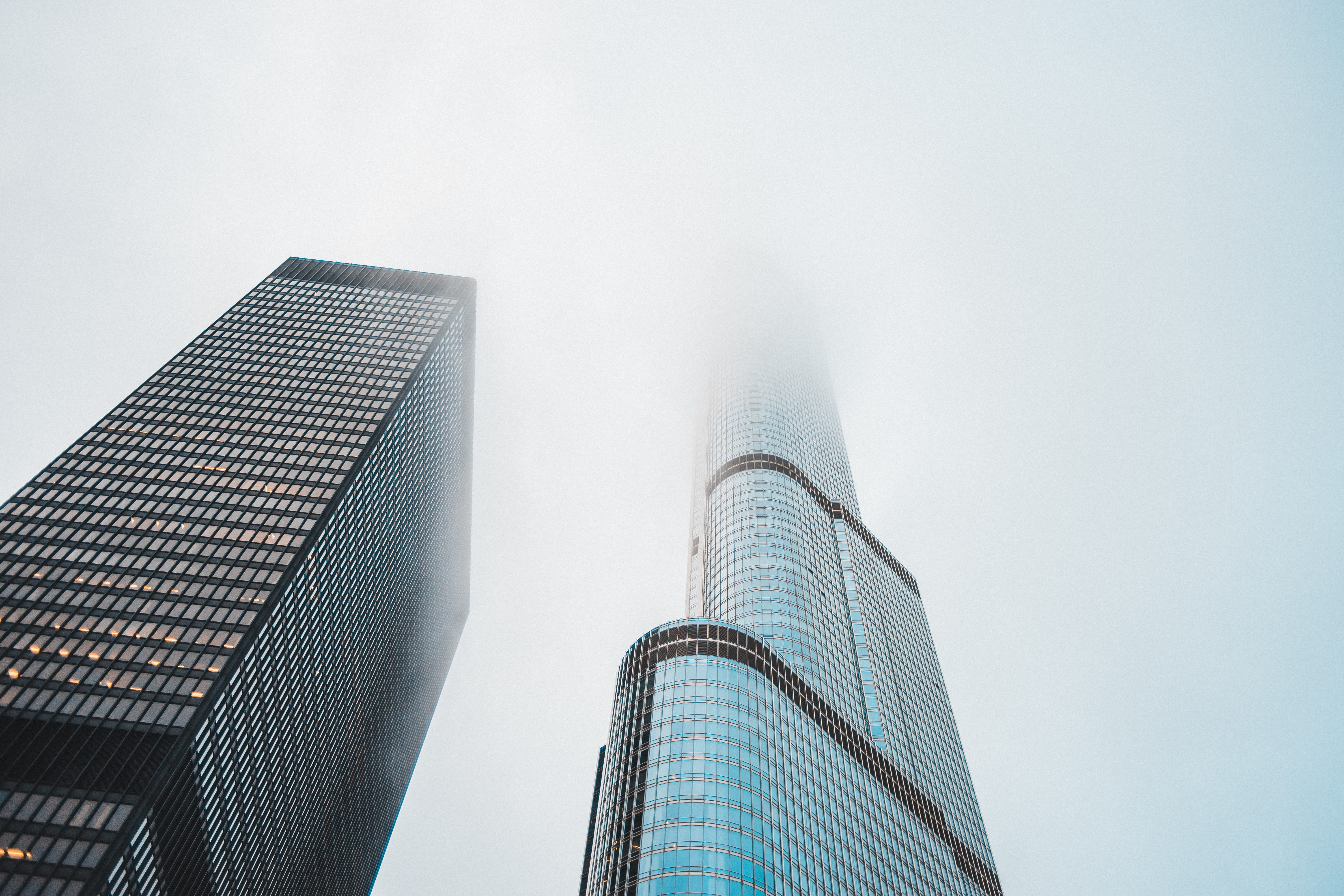 glass windows, foggy, tallest, travel destinations, office building exterior, nature, day, outdoors, built structure, architectural design, grey sky, landscape, HD Wallpaper