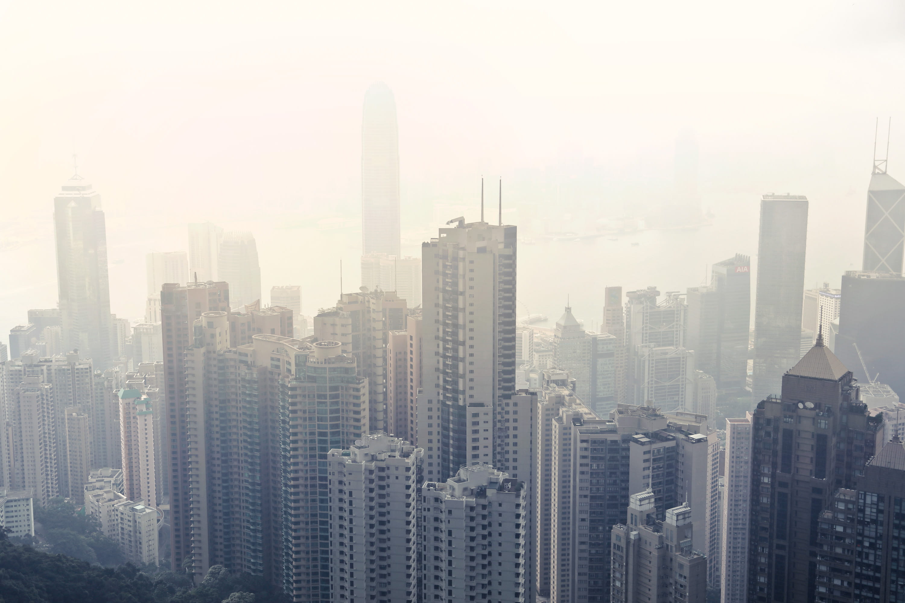 financial district, cityscape, sky, center, downtown, modern, foggy, skyscraper, air pollution, travel destinations, tower, hong, high-rise, view, fog, HD Wallpaper
