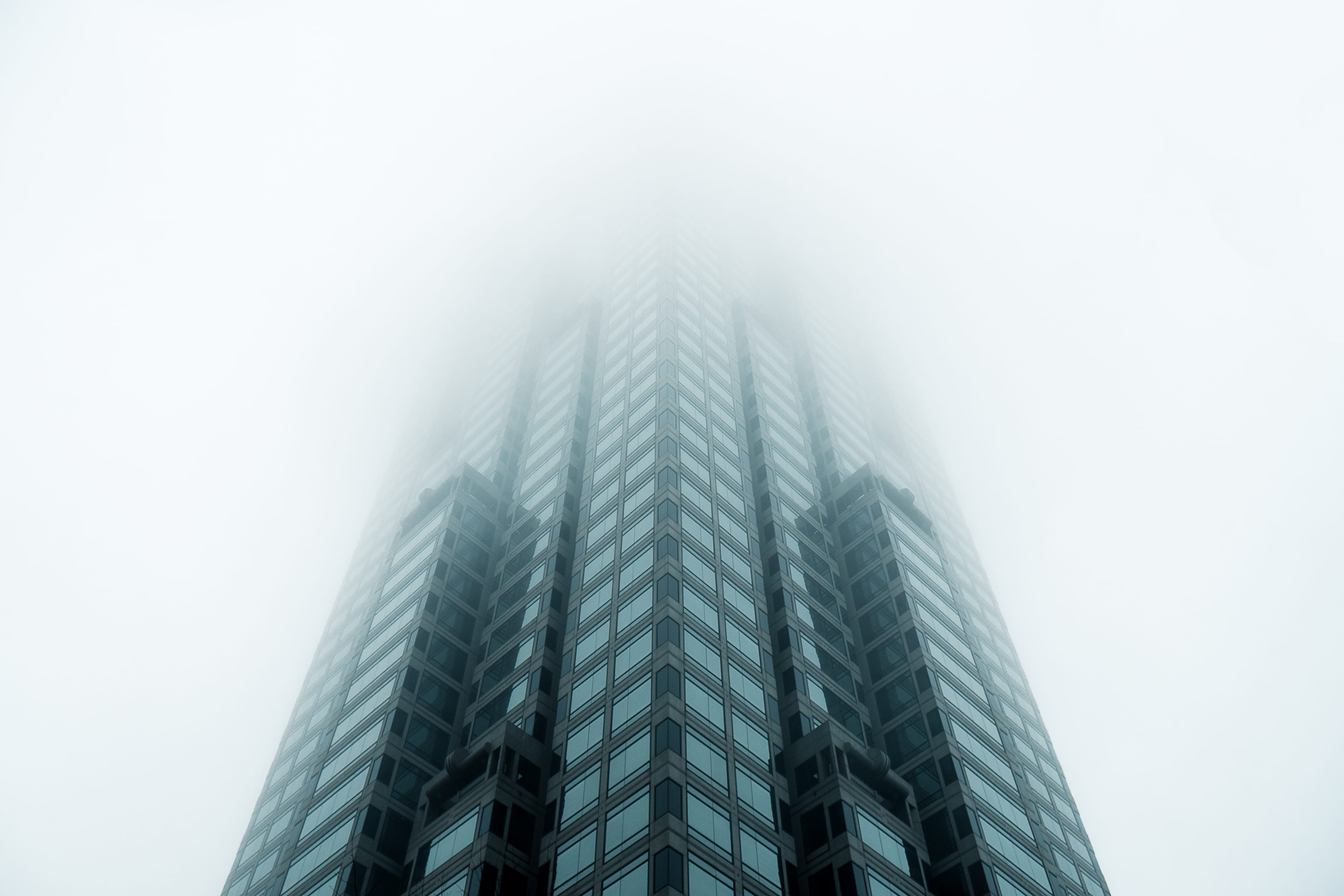 low angle view, angle, high, skyline, architectural design, cloudy, office, modern, photo, skyscraper, apartment, fog, tall, no people, low angle shot, HD Wallpaper